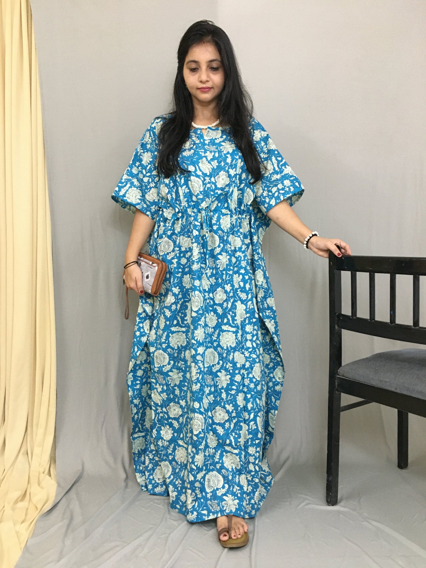 Maternity / Feeding Zips - Kaftan - Free Size - Pure Cotton - Firozi Forrest