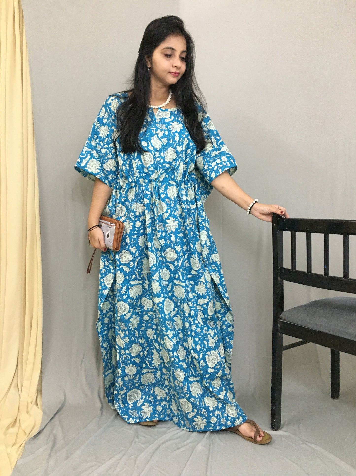 Maternity / Feeding Zips - Kaftan - Free Size - Pure Cotton - Firozi Forrest