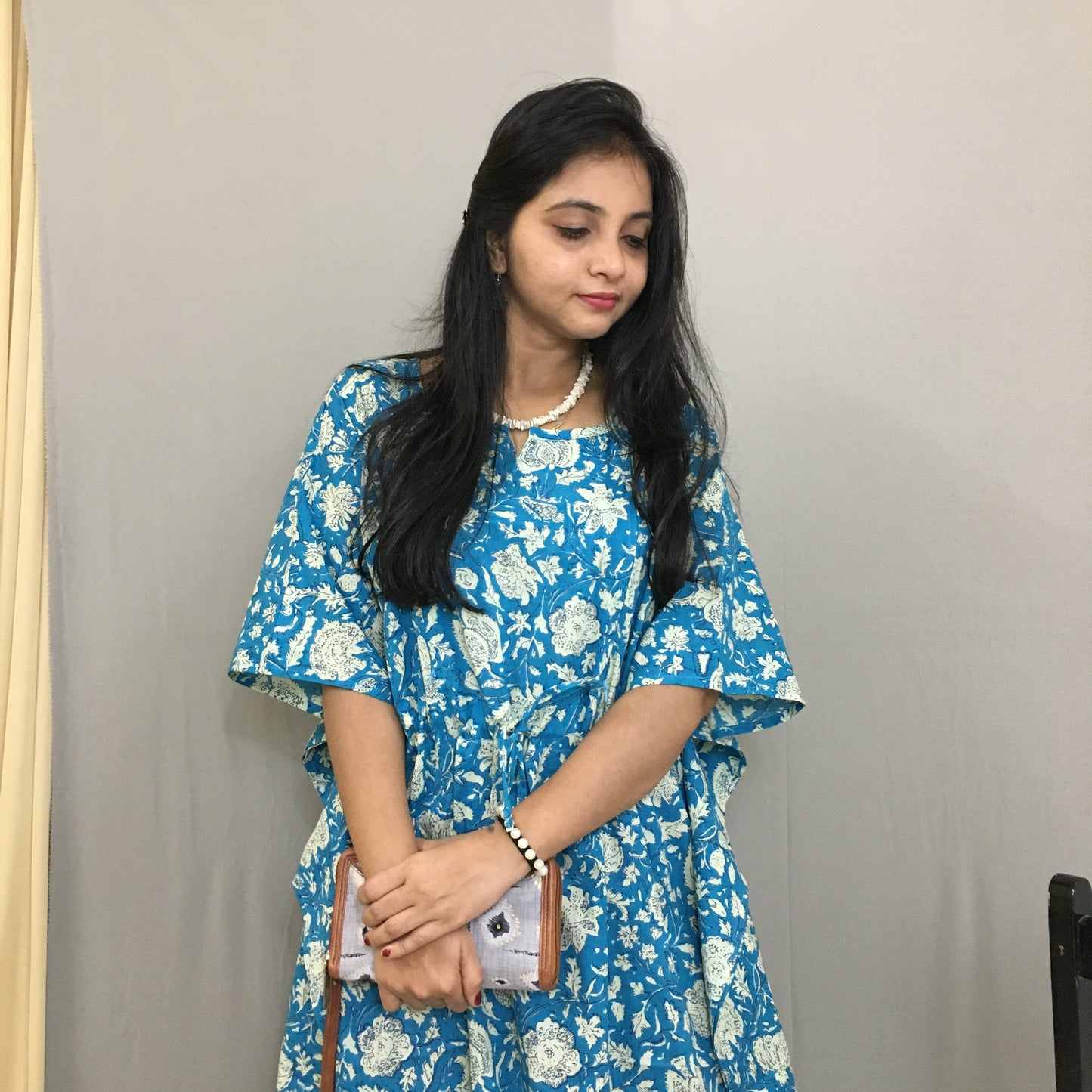 Maternity / Feeding Zips - Kaftan - Free Size - Pure Cotton - Firozi Forrest