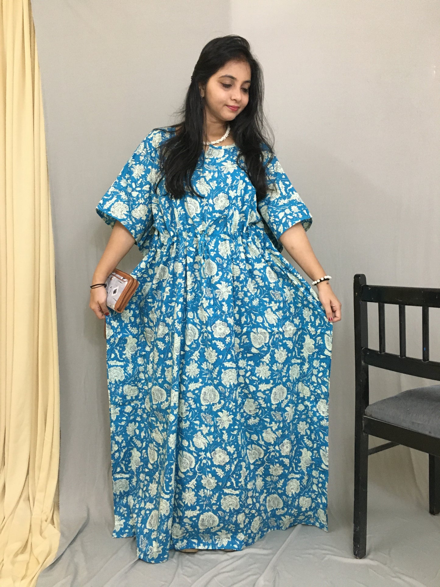 Maternity / Feeding Zips - Kaftan - Free Size - Pure Cotton - Firozi Forrest