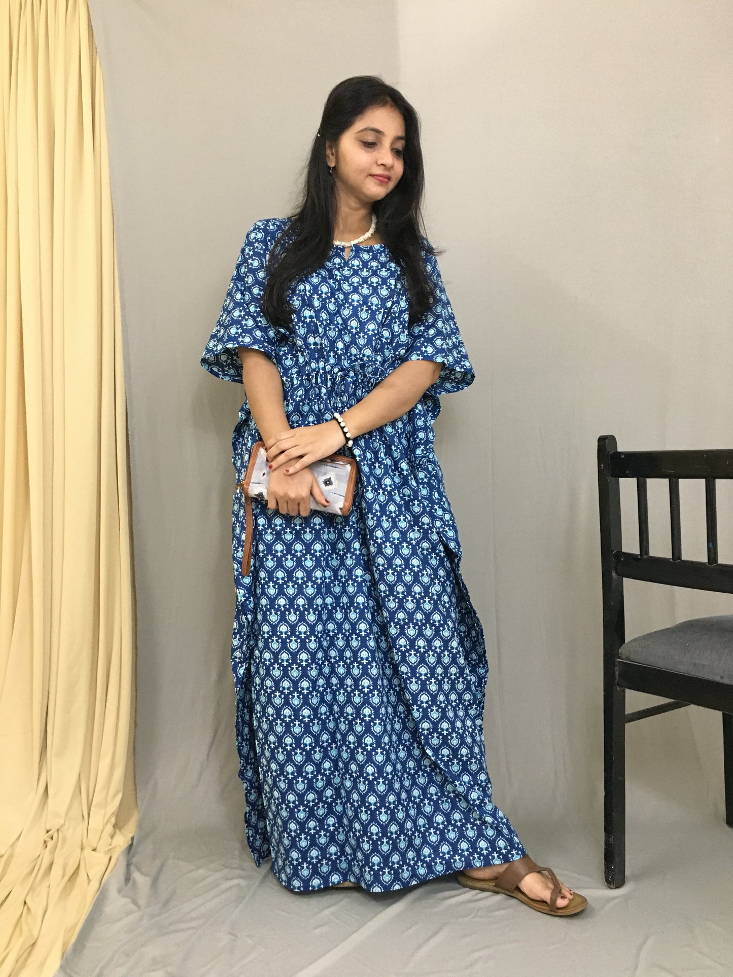 Maternity / Feeding Zips - Kaftan - Free Size - Pure Cotton - Dno - 39 - Blue