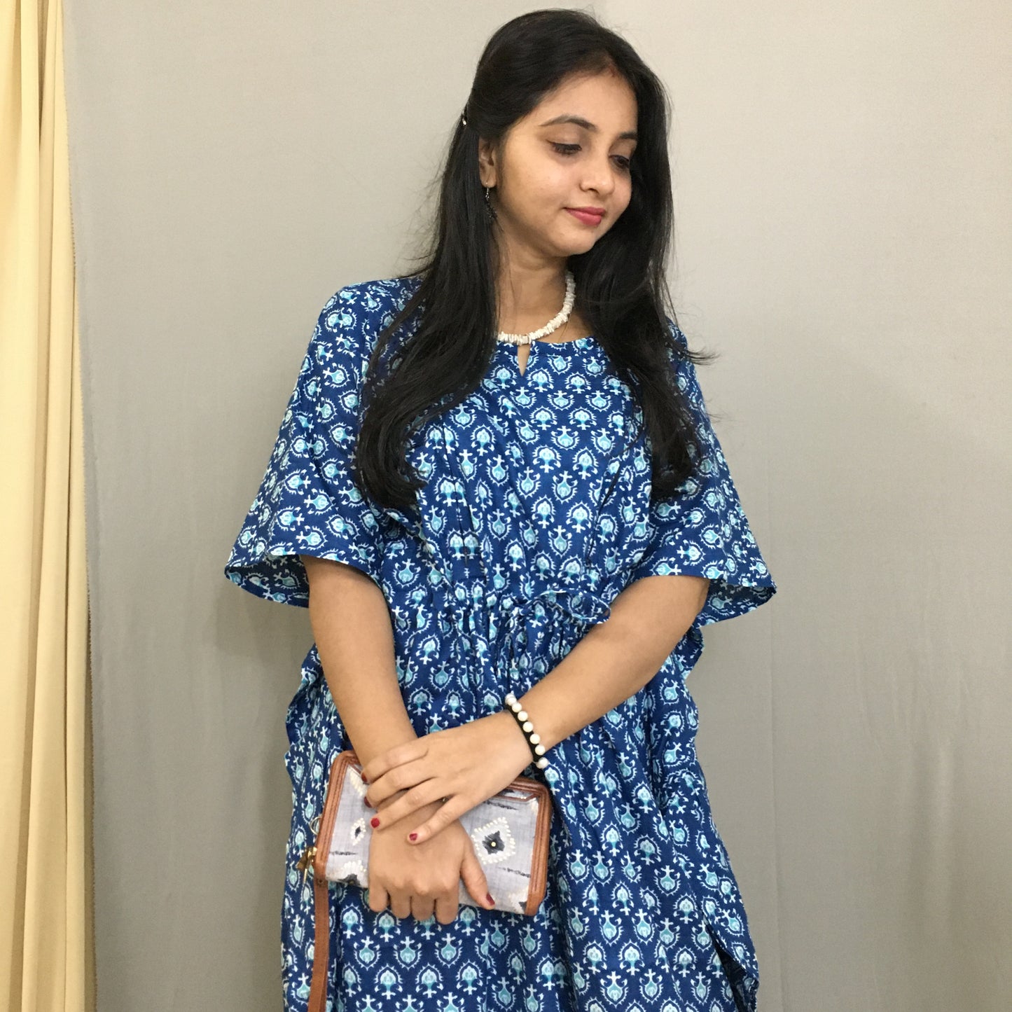Maternity / Feeding Zips - Kaftan - Free Size - Pure Cotton - Dno - 39 - Blue