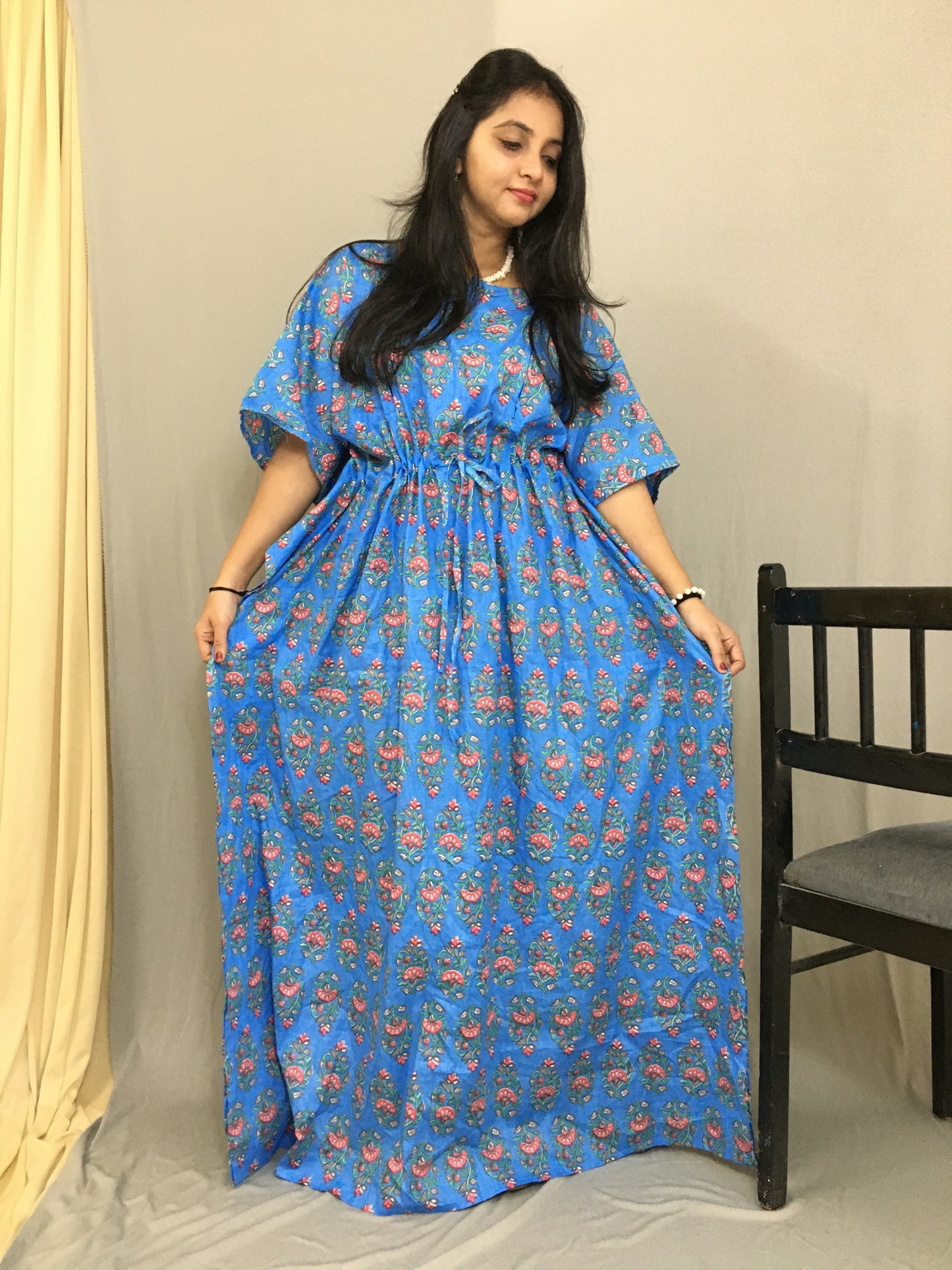 Maternity / Feeding Zips - Kaftan - Free Size - Pure Cotton - Dno - 38 - Blue