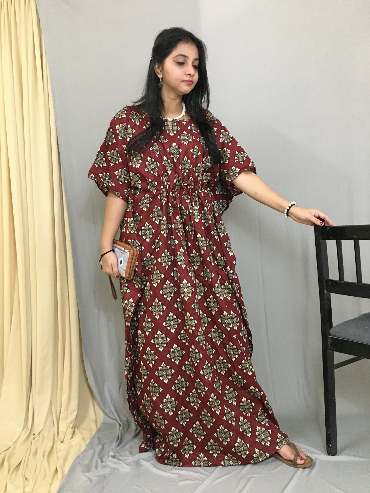Maternity / Feeding Zips - Kaftan - Free Size - Pure Cotton - Maroon Dessert Flower