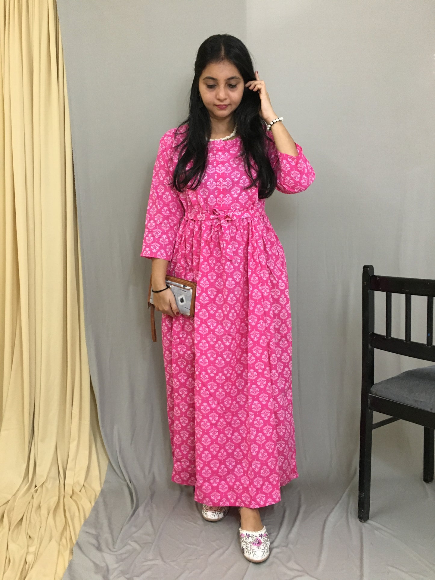 Maternity Kurti with Feeding Zips - Pure Cotton - Dno - 37 - Pink