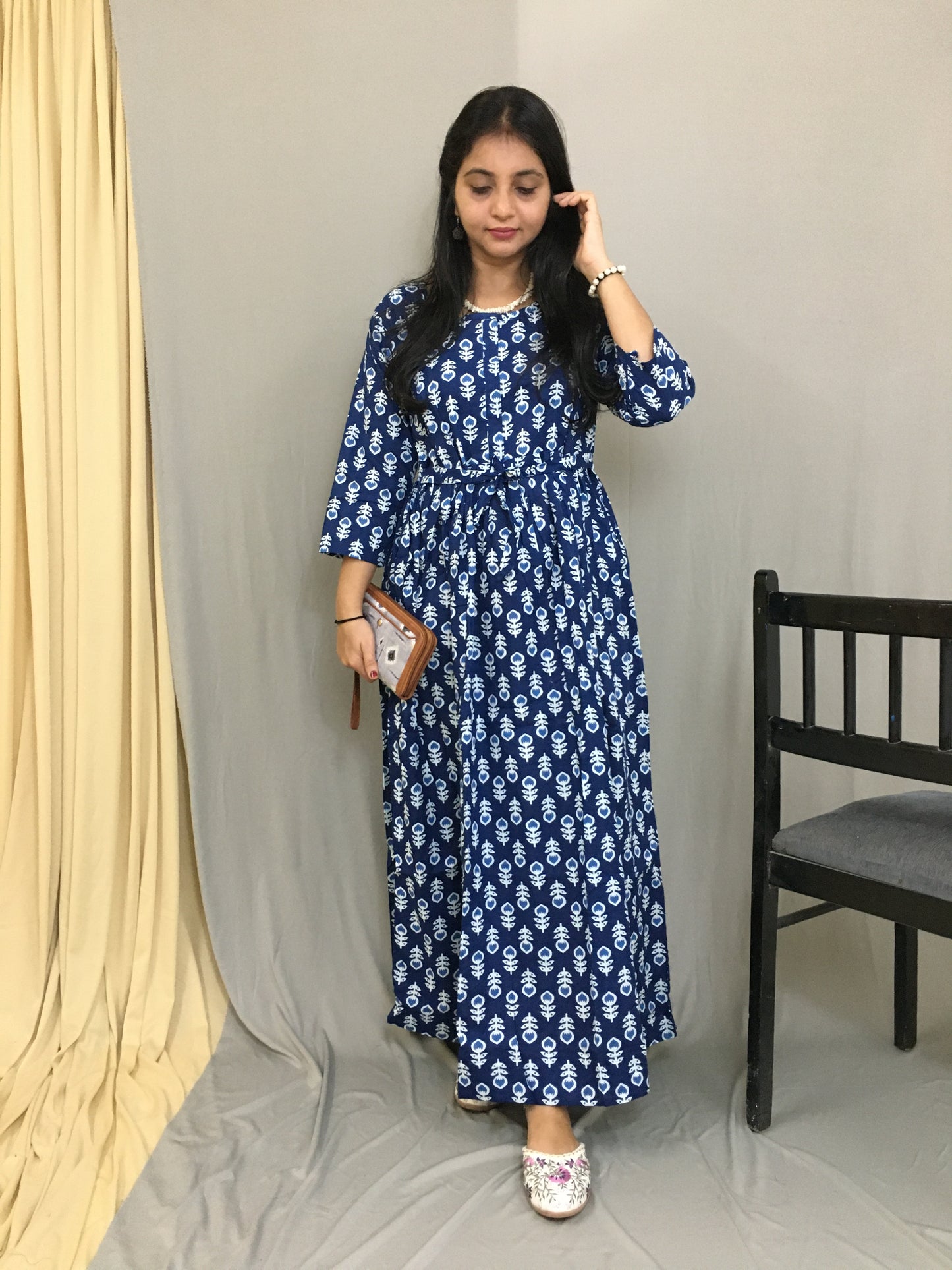 Maternity Kurti with Feeding Zips - Pure Cotton - Dno - 40 - Blue