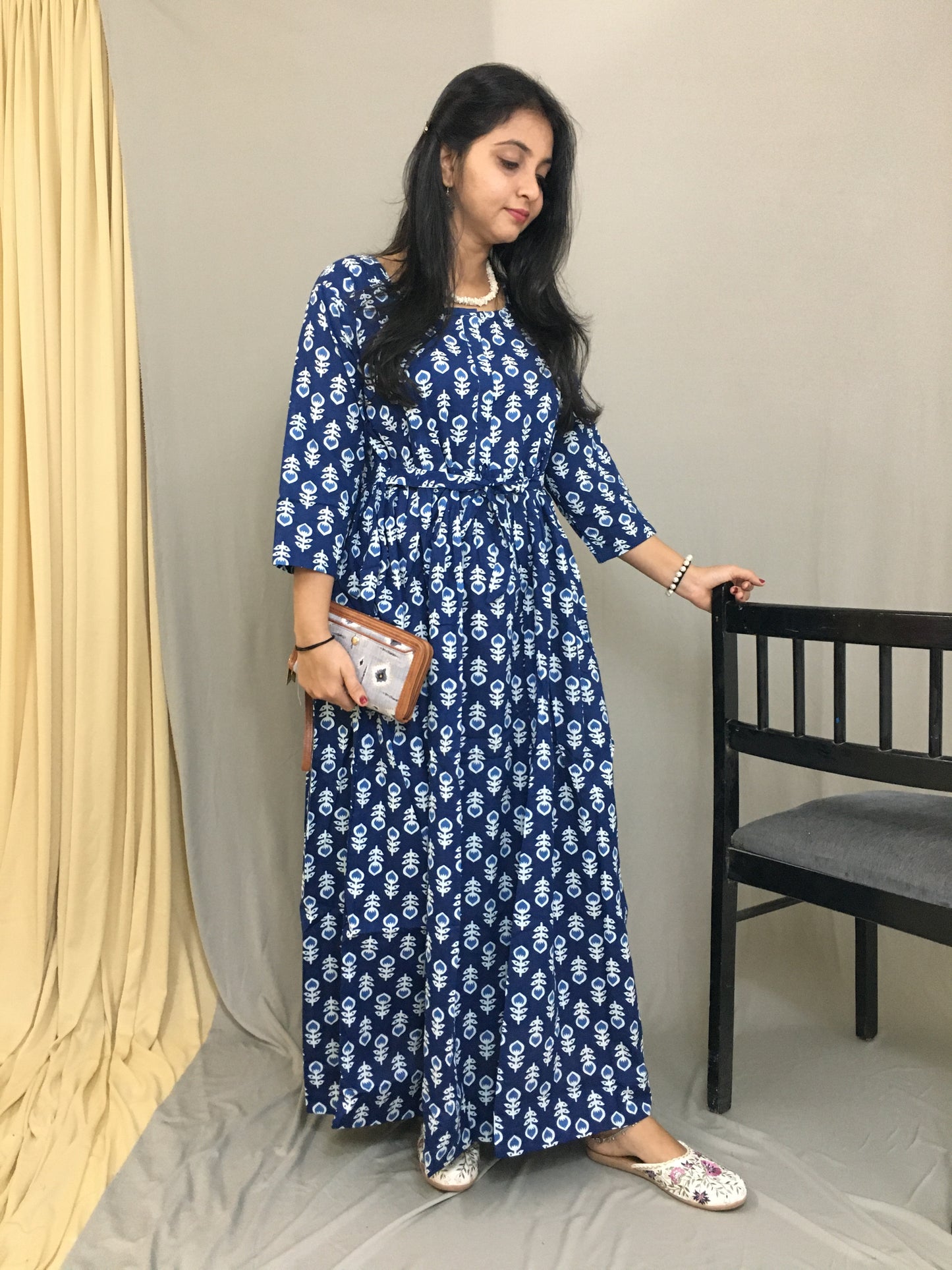 Maternity Kurti with Feeding Zips - Pure Cotton - Dno - 40 - Blue