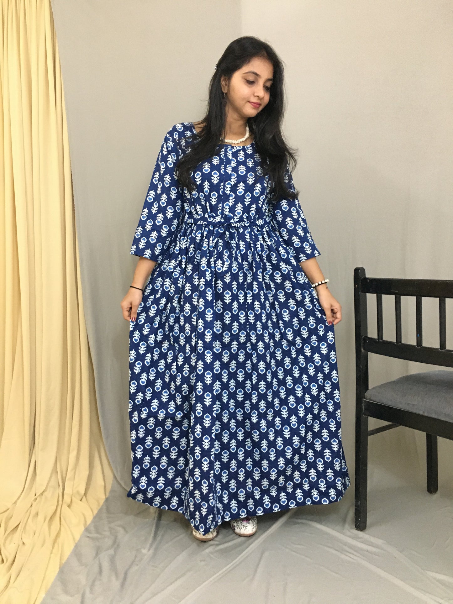 Maternity Kurti with Feeding Zips - Pure Cotton - Dno - 40 - Blue