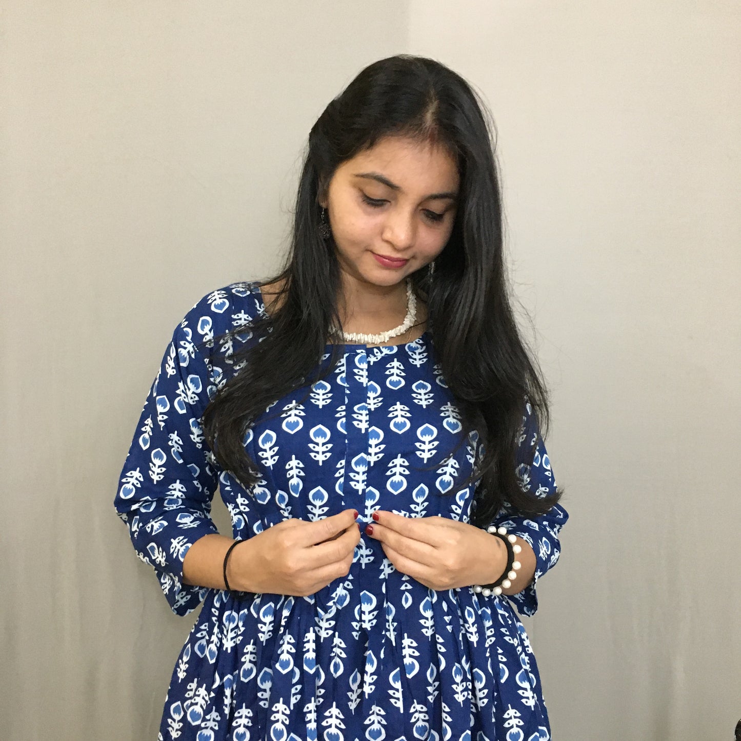 Maternity Kurti with Feeding Zips - Pure Cotton - Dno - 40 - Blue