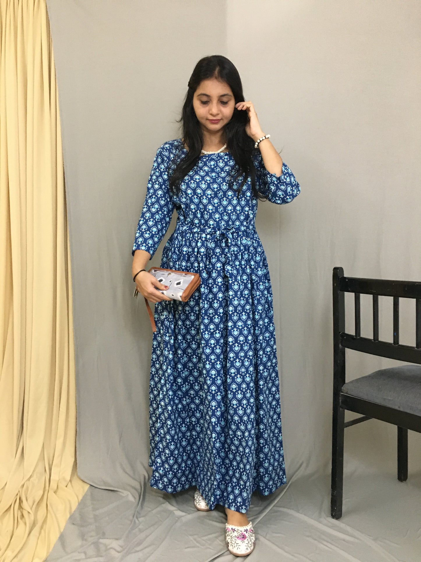Maternity Kurti with Feeding Zips - Pure Cotton - Dno - 39 - Blue