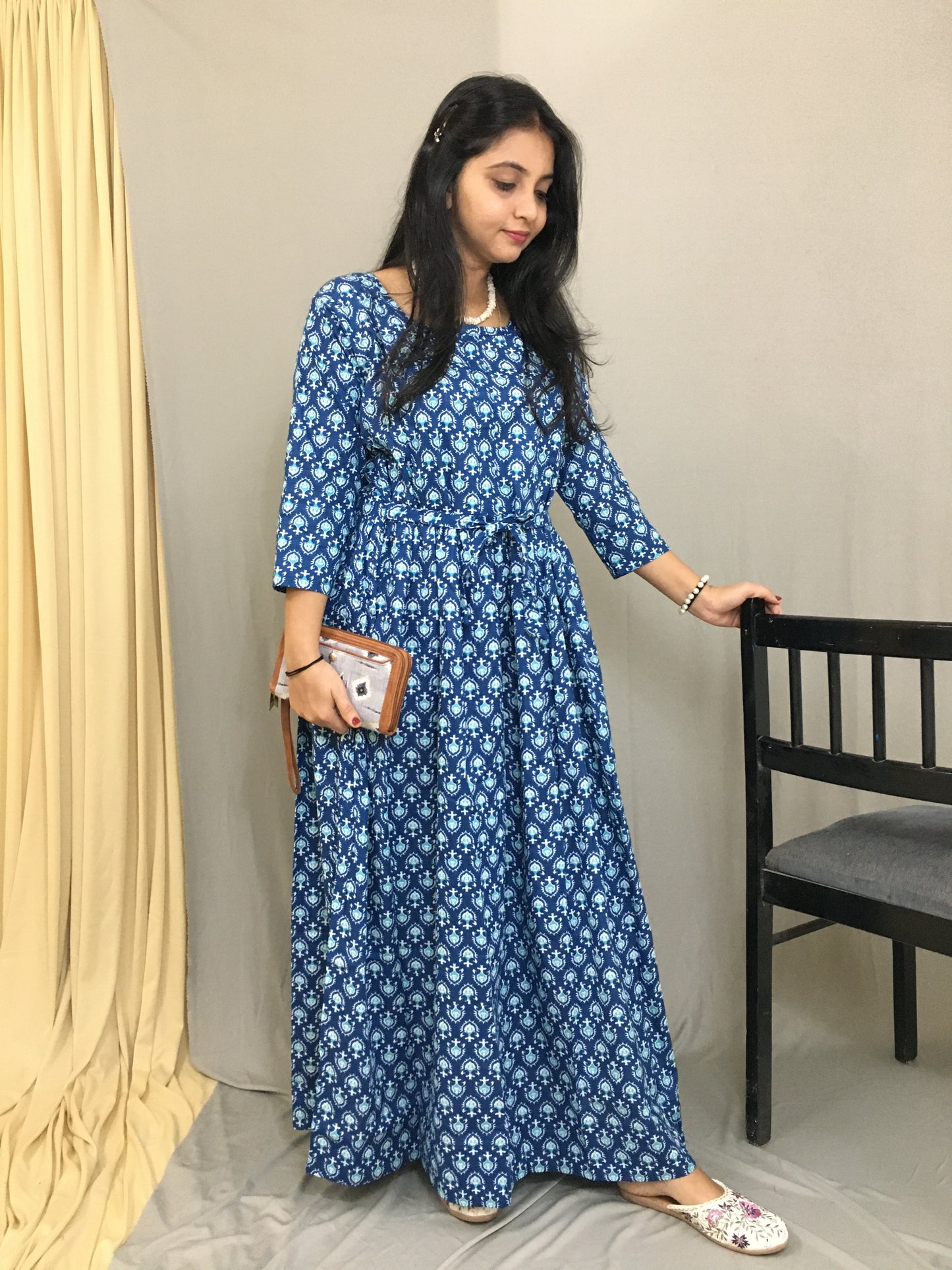 Maternity Kurti with Feeding Zips - Pure Cotton - Dno - 39 - Blue