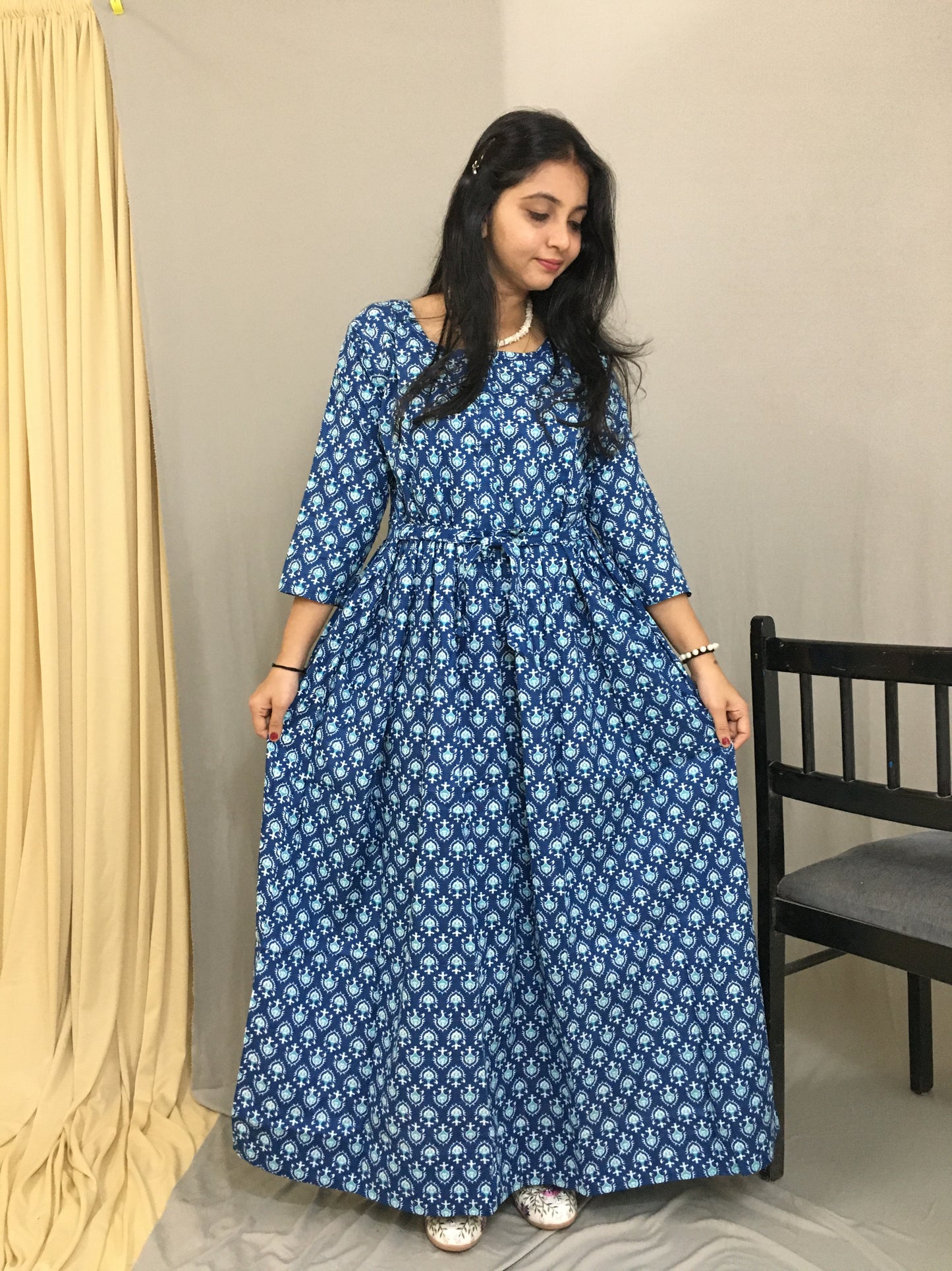 Maternity Kurti with Feeding Zips - Pure Cotton - Dno - 39 - Blue