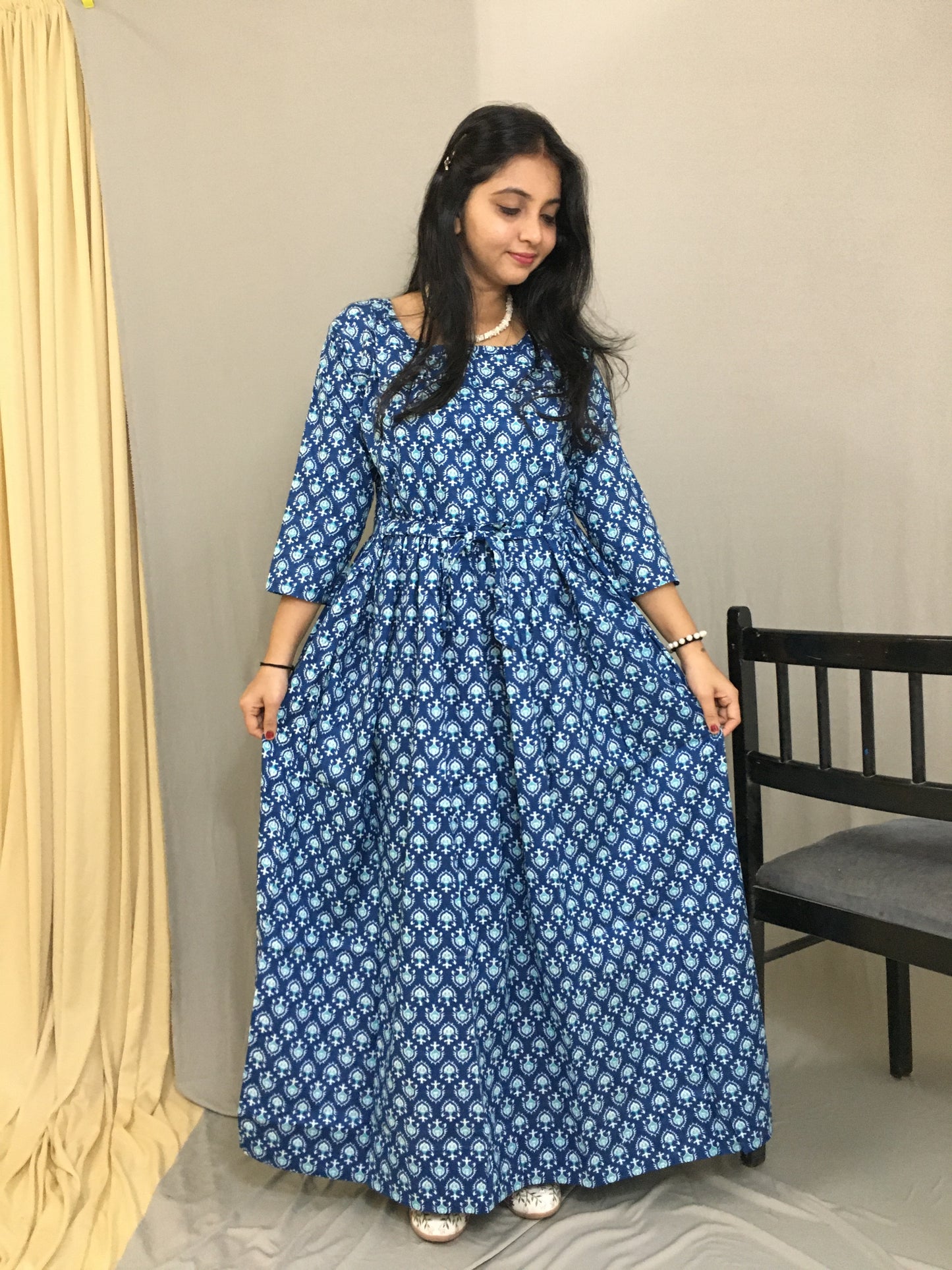Maternity Kurti with Feeding Zips - Pure Cotton - Dno - 39 - Blue