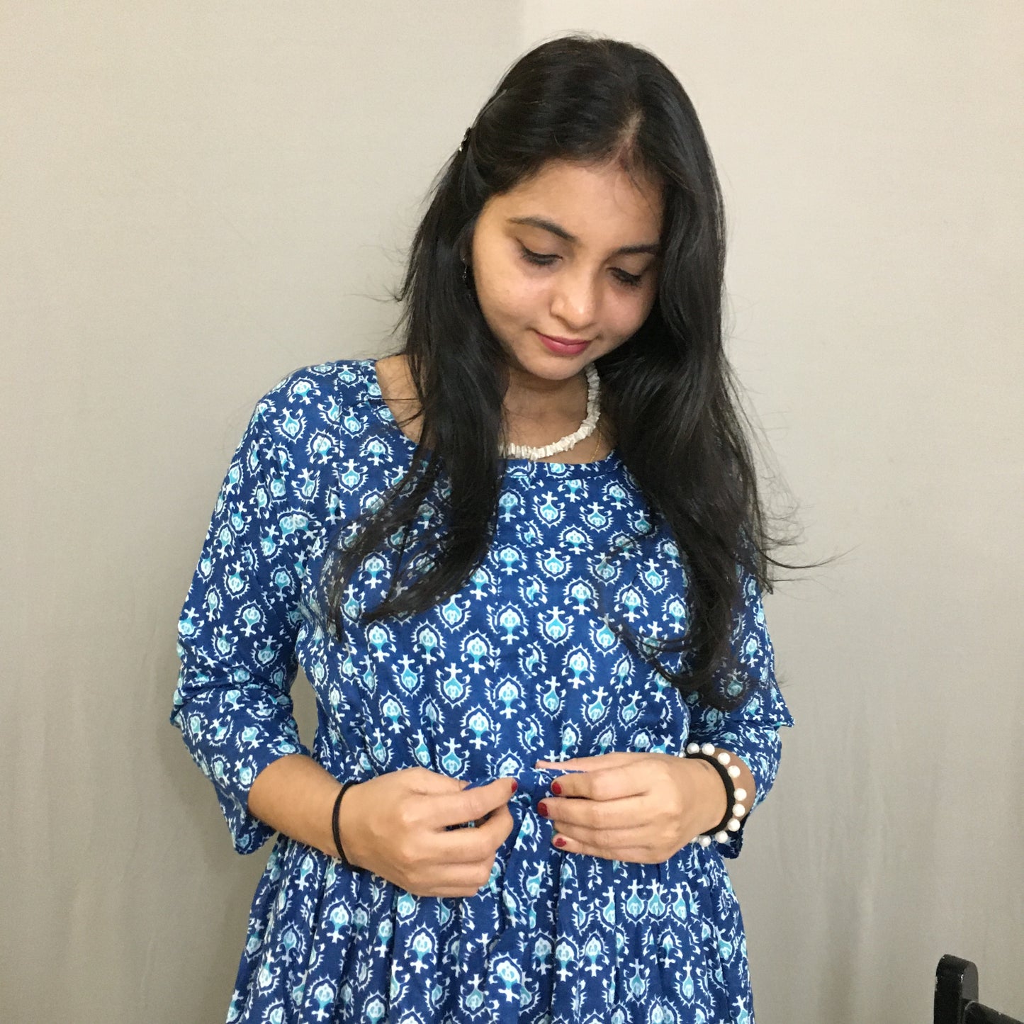 Maternity Kurti with Feeding Zips - Pure Cotton - Dno - 39 - Blue