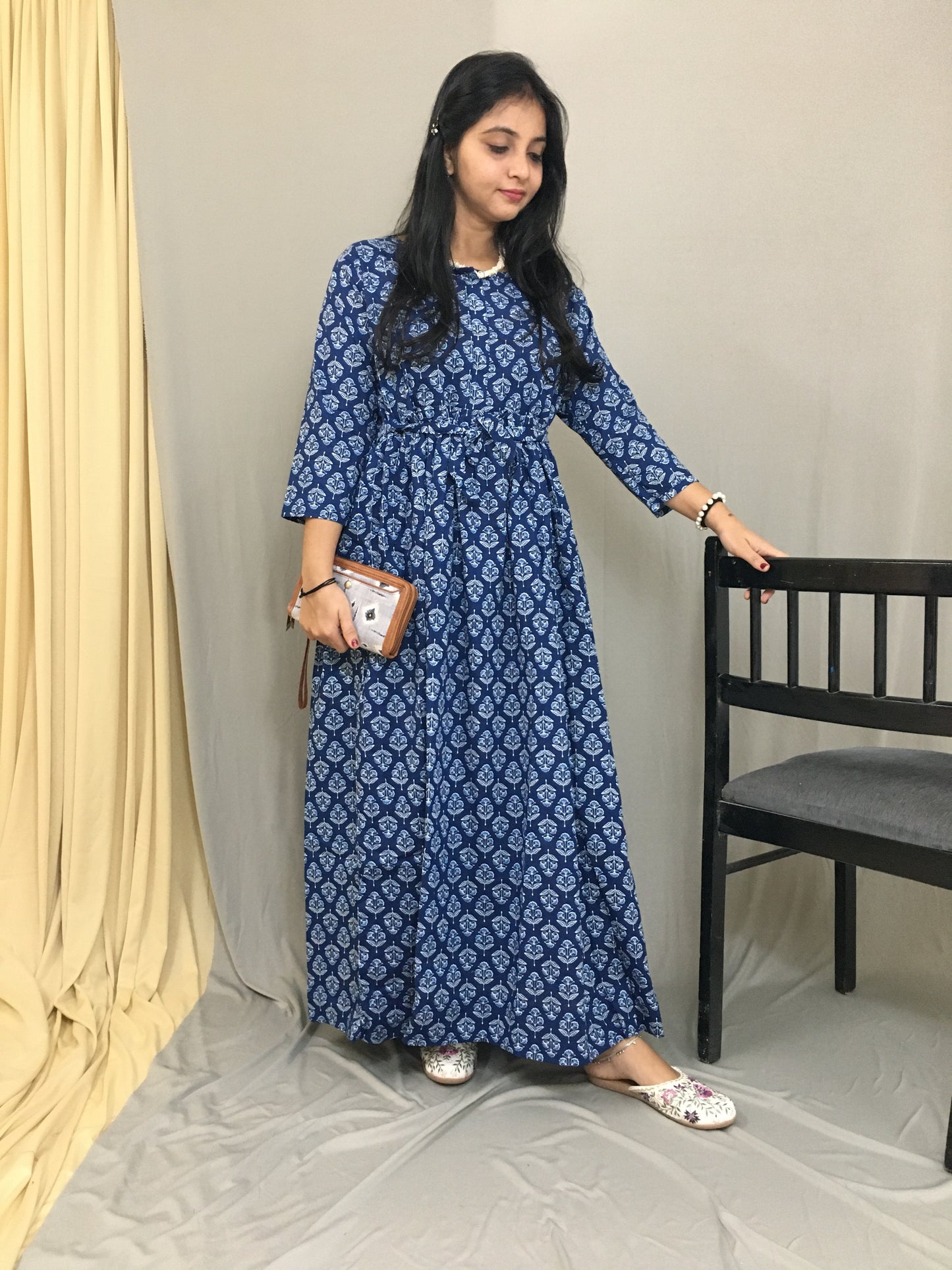 Maternity Kurti with Feeding Zips - Pure Cotton - Dno - 37 - Blue