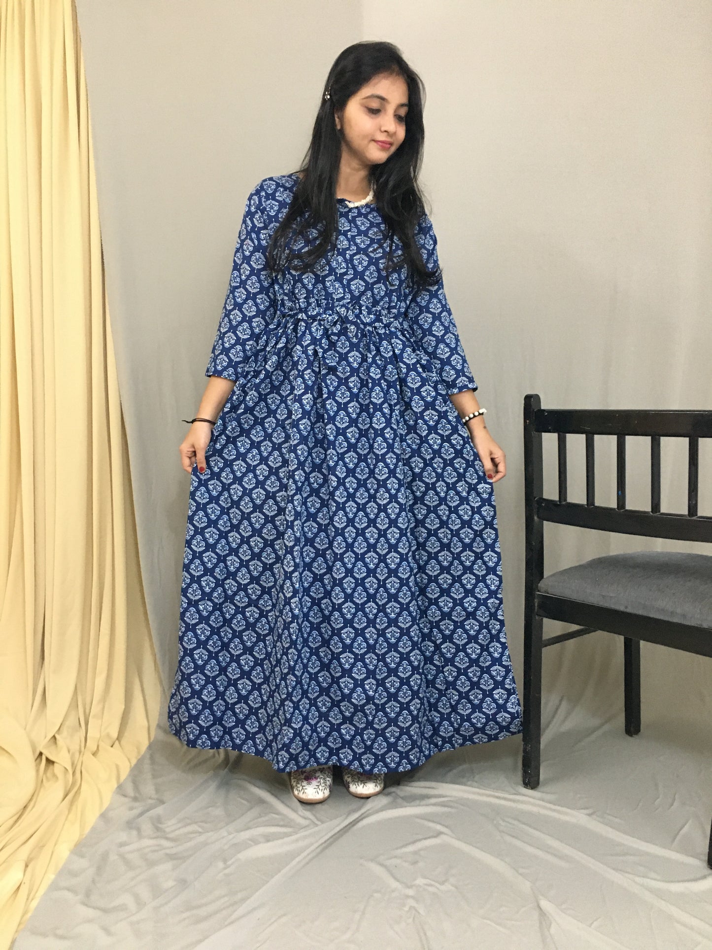 Maternity Kurti with Feeding Zips - Pure Cotton - Dno - 37 - Blue