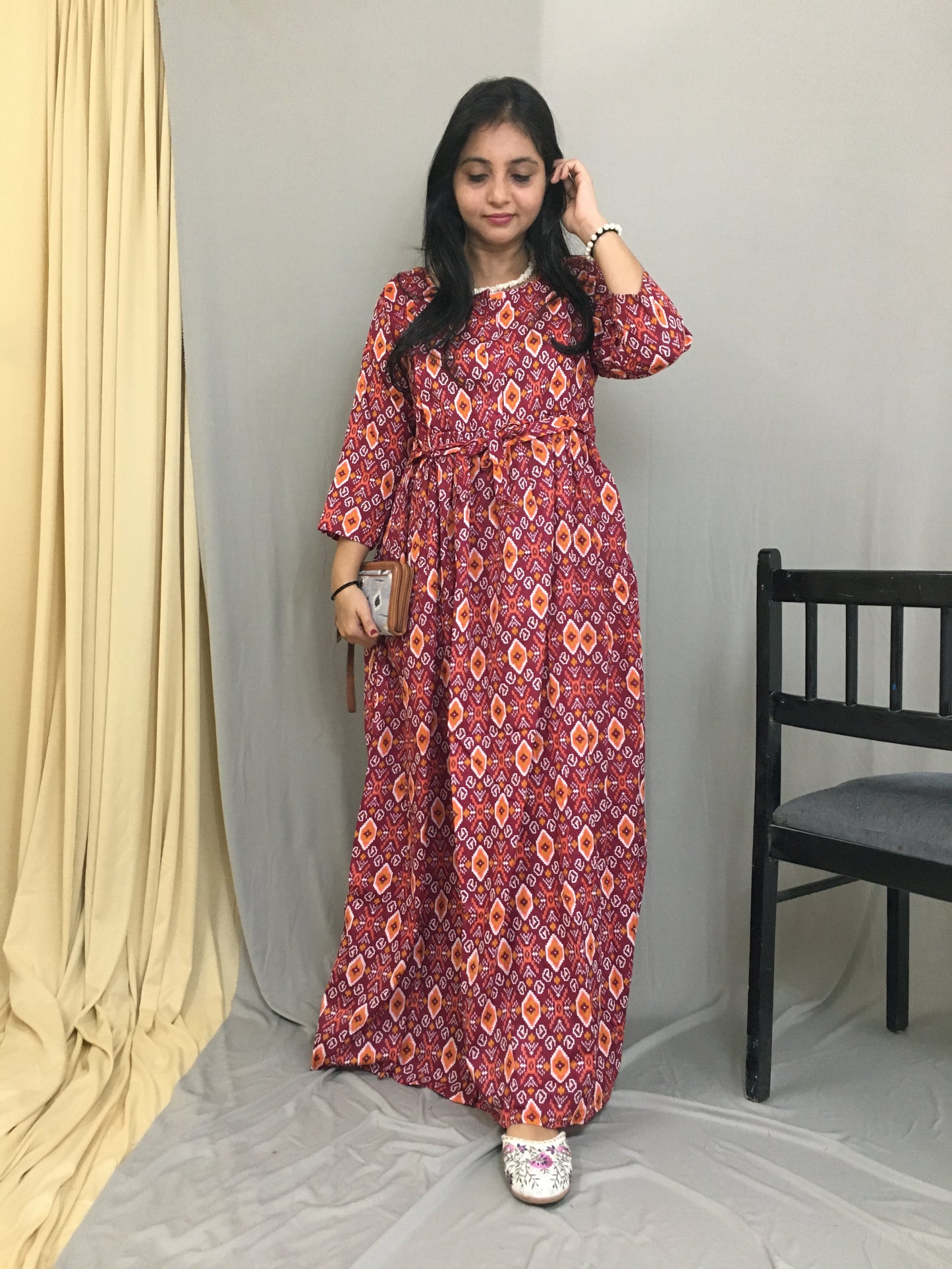 Maternity Kurti with Feeding Zips - Pure Cotton - Ajrakh Wine