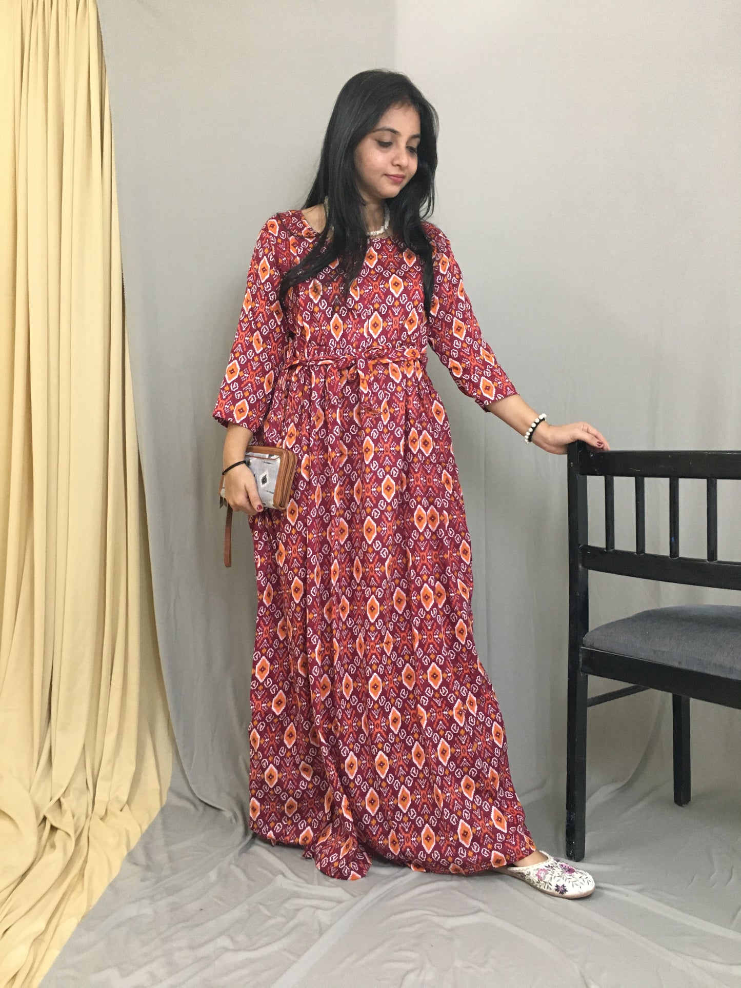 Maternity Kurti with Feeding Zips - Pure Cotton - Ajrakh Wine