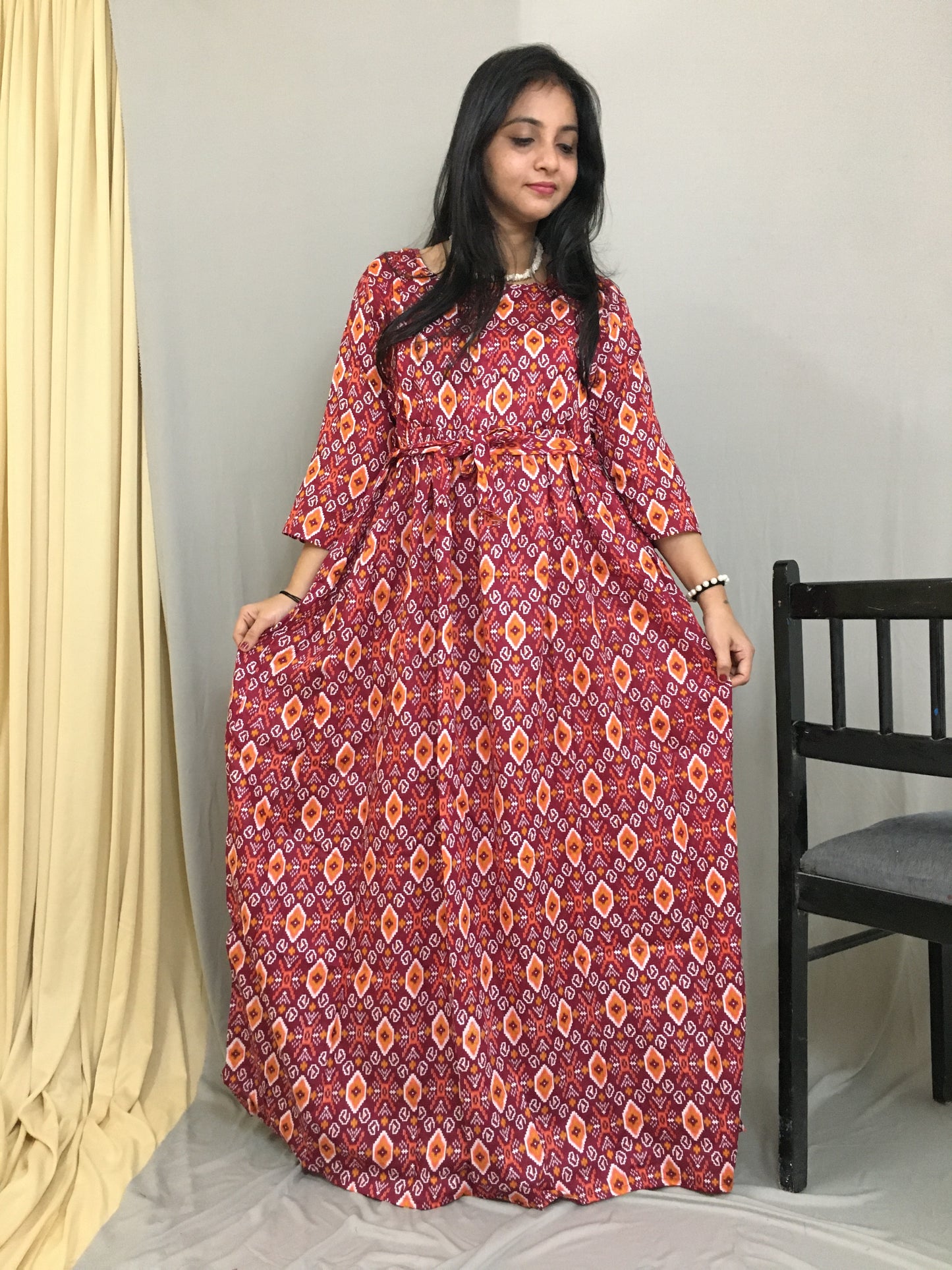 Maternity Kurti with Feeding Zips - Pure Cotton - Ajrakh Wine
