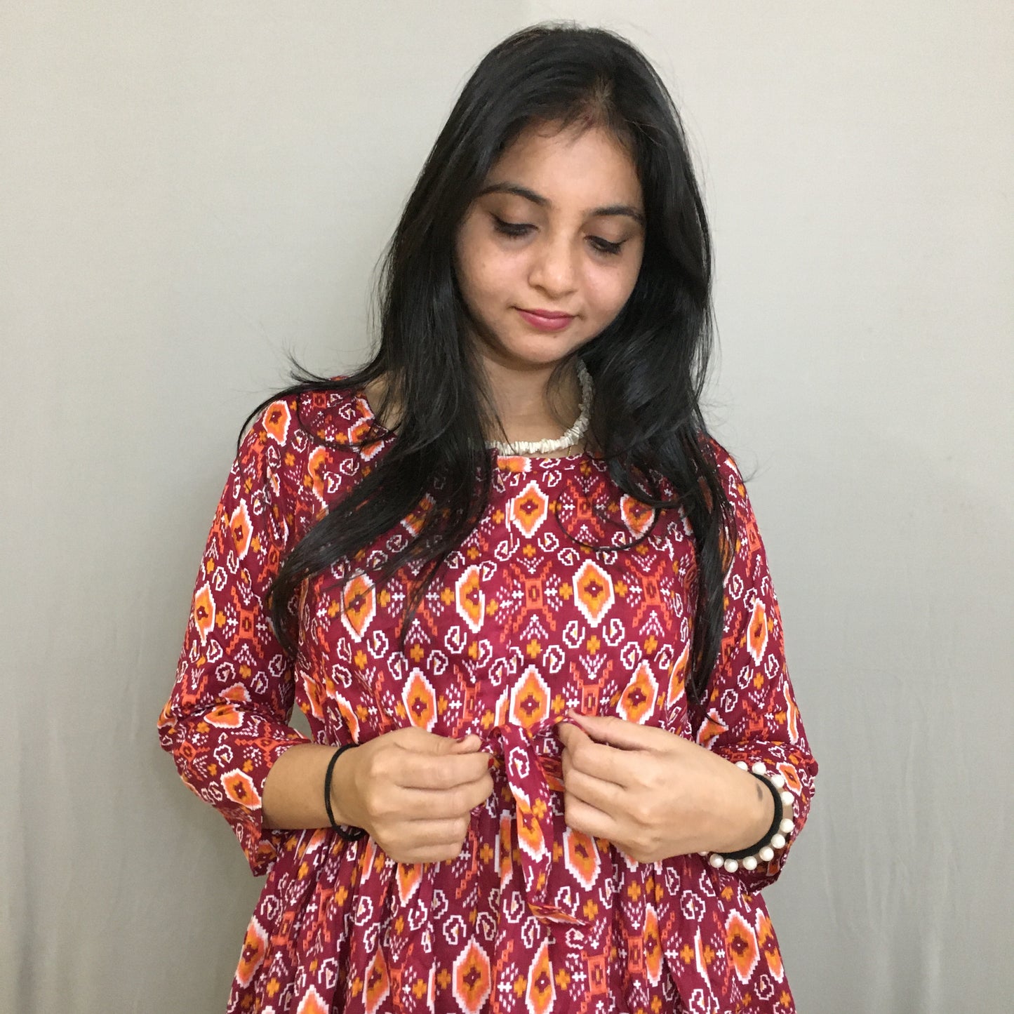 Maternity Kurti with Feeding Zips - Pure Cotton - Ajrakh Wine