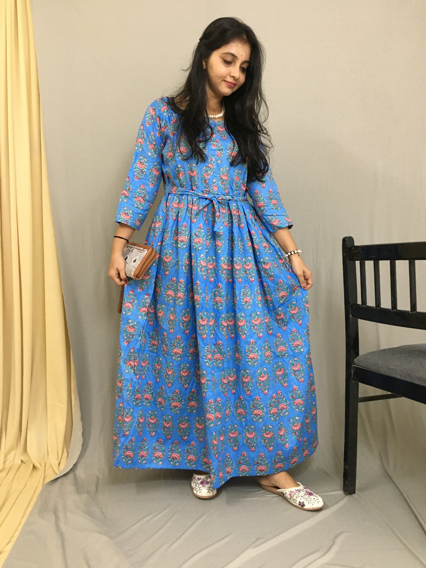 Maternity Kurti with Feeding Zips - Pure Cotton - Dno - 38 - Blue