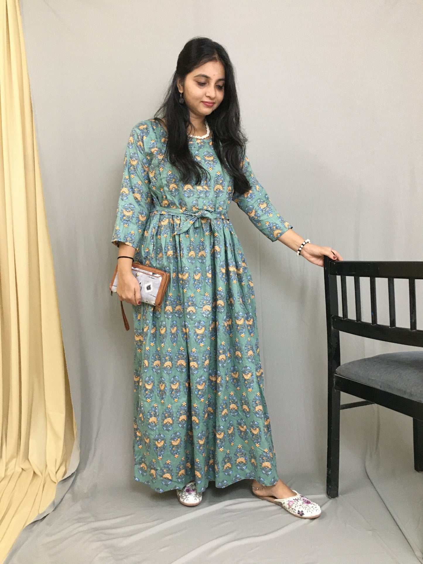 Maternity Kurti with Feeding Zips - Pure Cotton - Dno - 38 - Pista
