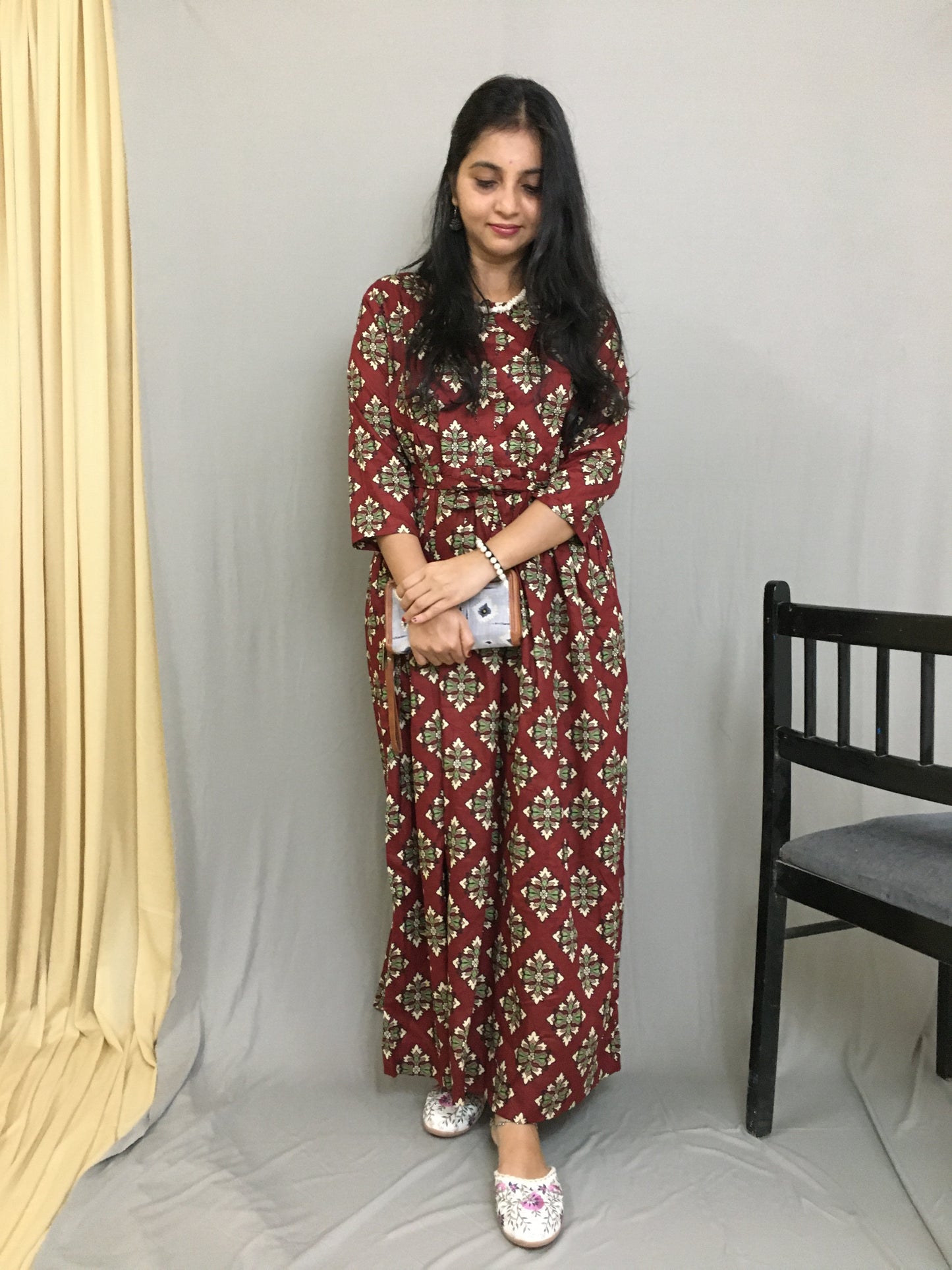 Maternity Kurti with Feeding Zips - Pure Cotton - Maroon Dessert Flower