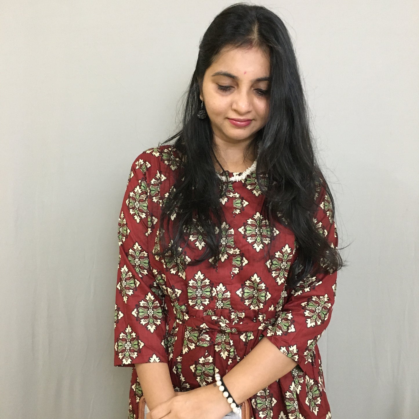 Maternity Kurti with Feeding Zips - Pure Cotton - Maroon Dessert Flower