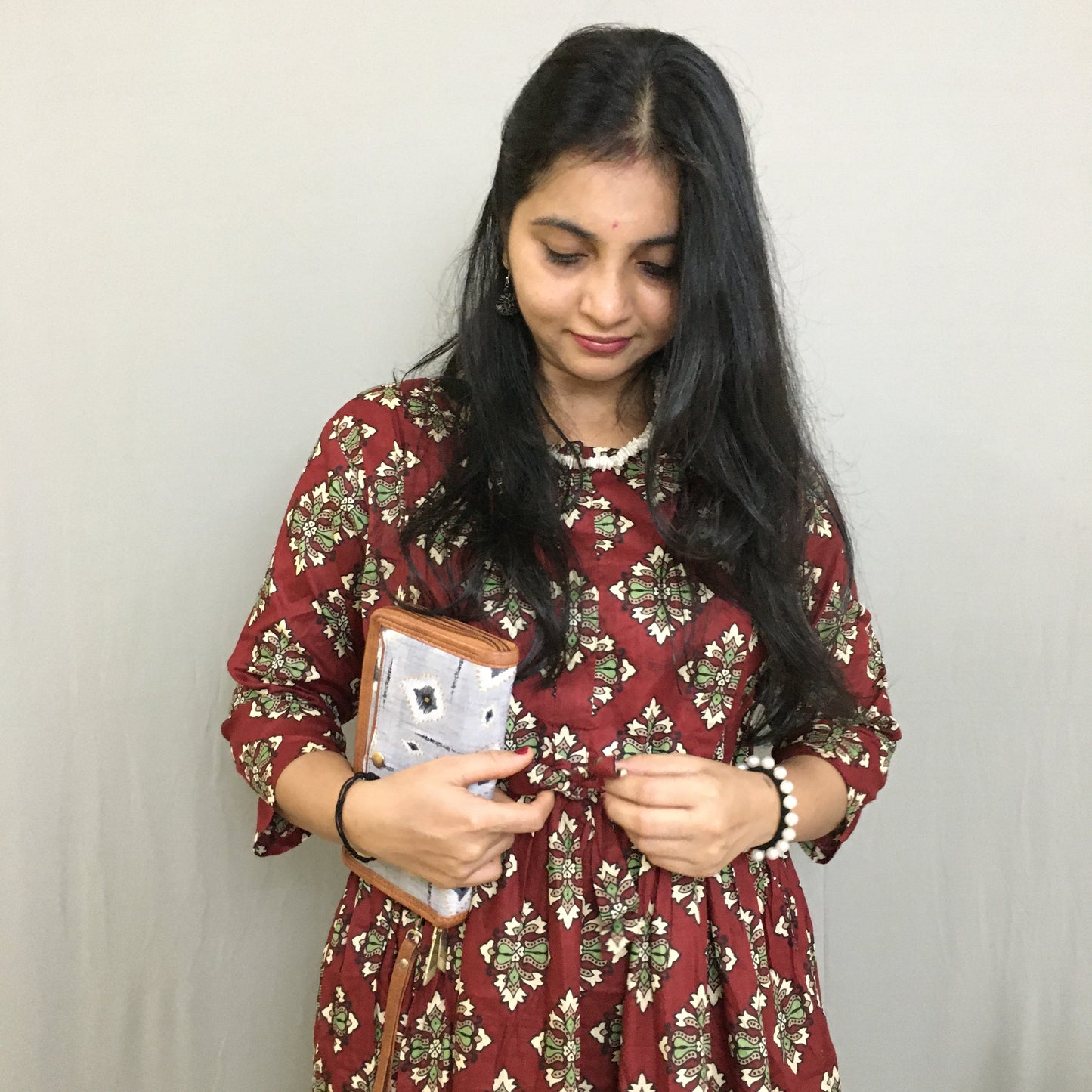 Maternity Kurti with Feeding Zips - Pure Cotton - Maroon Dessert Flower