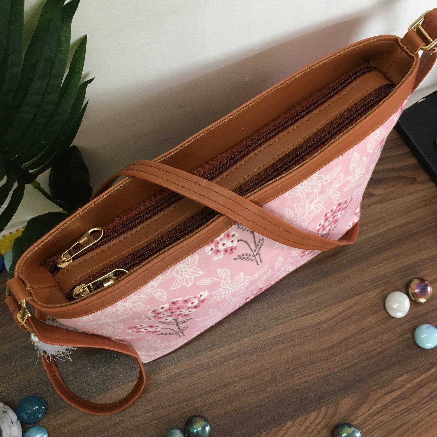 Minsk - 3 zip- Big size - Sling Bag - Baby Pink Flower