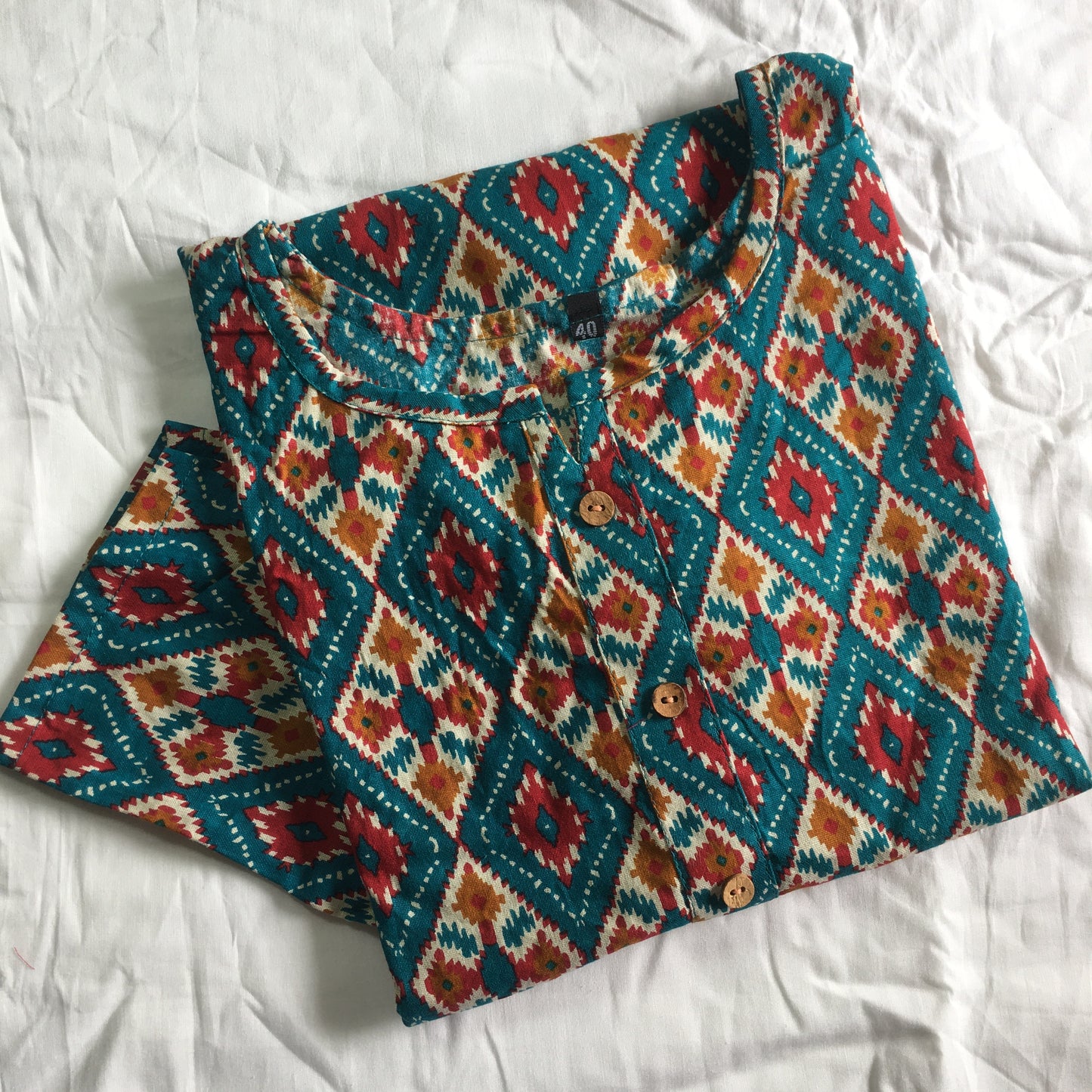 4 tone Patola Print - Pure Cotton - Short Kurti - Firozi