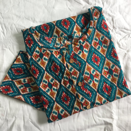 4 tone Print  - Pure Cotton - Short Kurti - Firozi