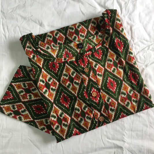 4 tone Print - Green - Cord Set - White Pant  - Pure Cotton