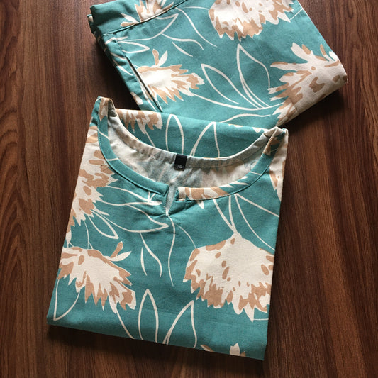Turquoise Cream Flower - Cord Set - Pure Cotton