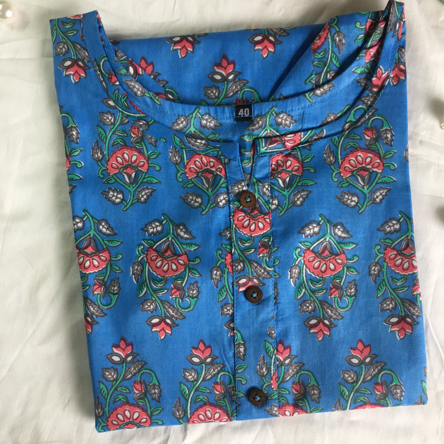 Pure Cotton - Short Kurti - Dno - 38 - Sky Blue