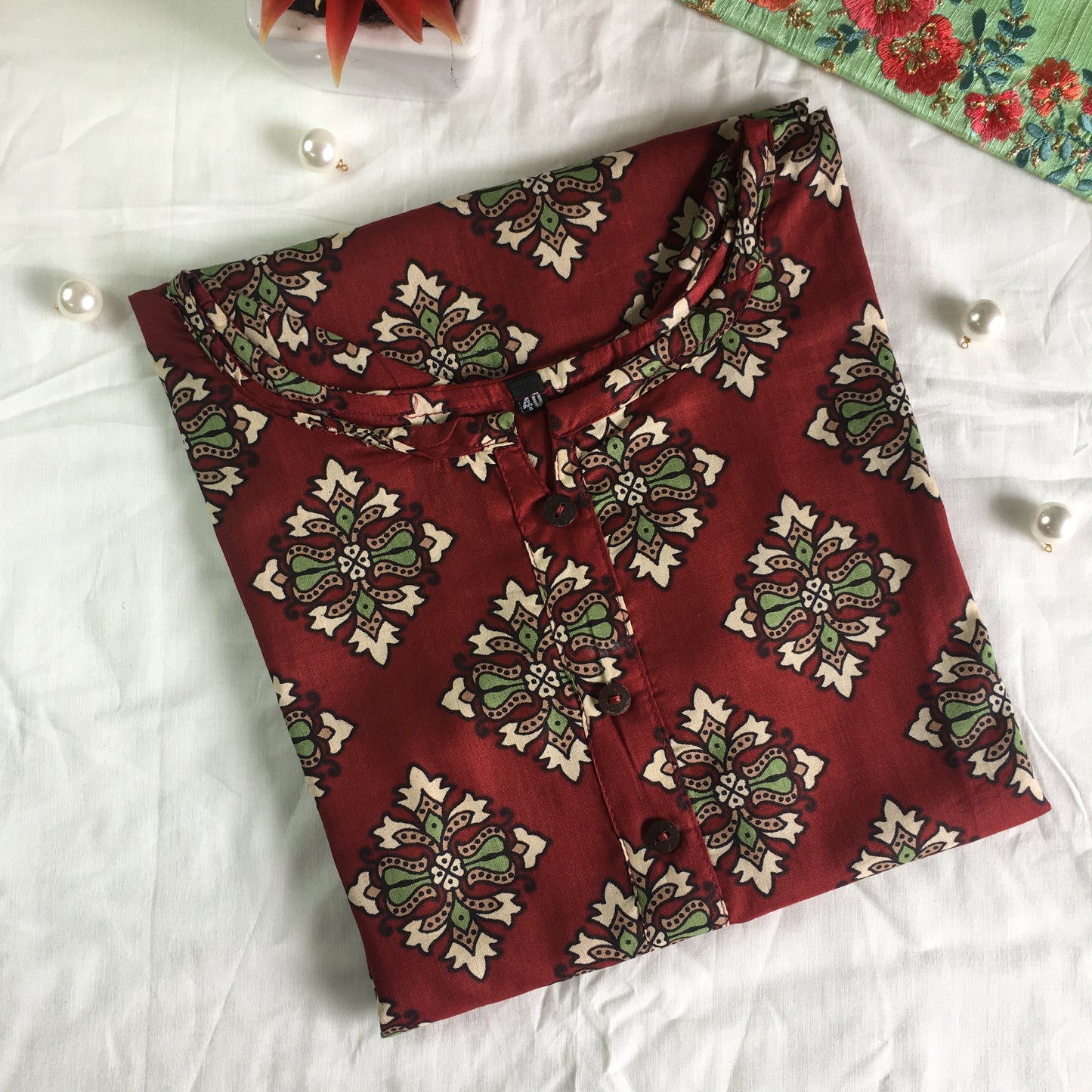 Pure Cotton - Short Kurti - Maroon Dessert Flower