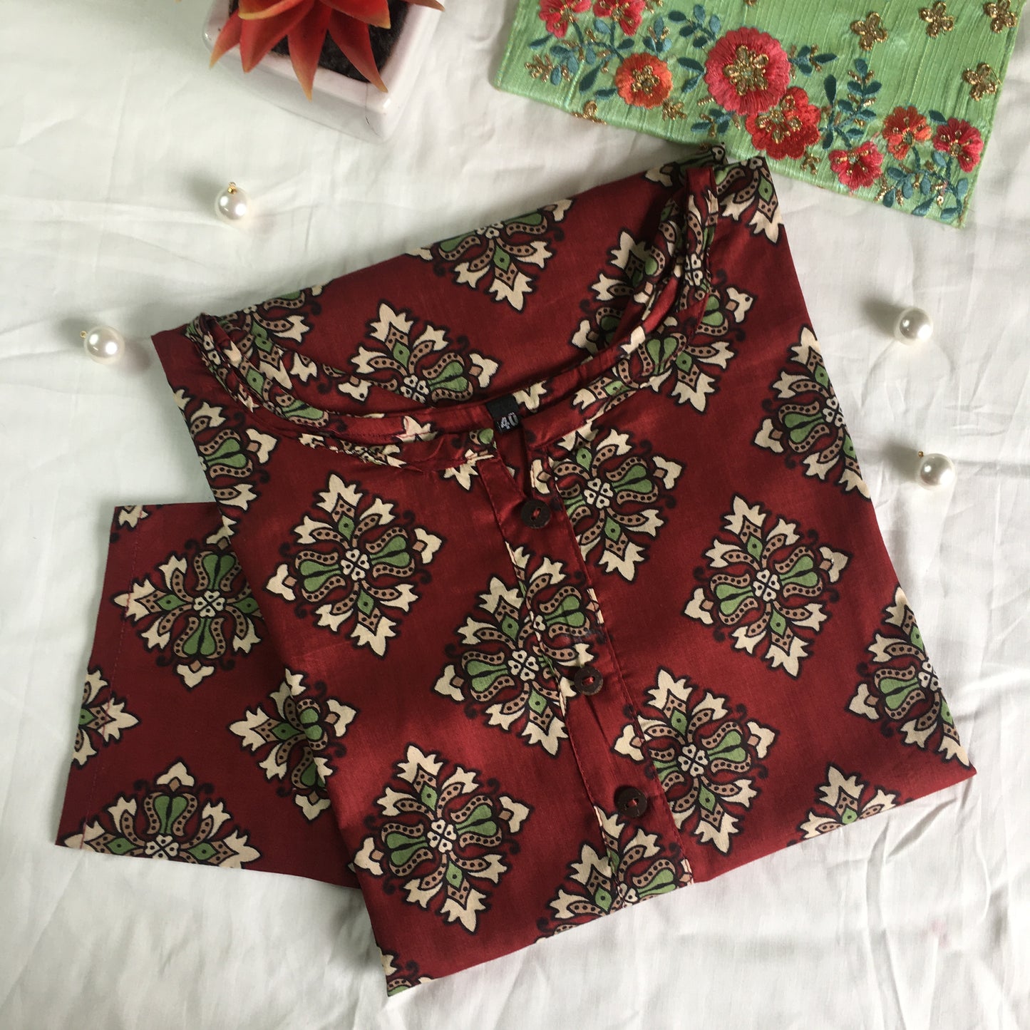 Pure Cotton - Short Kurti - Maroon Dessert Flower