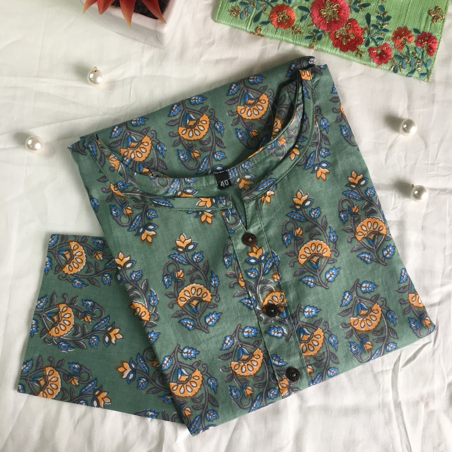Pure Cotton - Short Kurti - Dno - 38 - Green