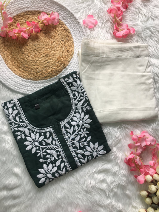 Dark Green -  Sunflower Embroidery Design Kurti with Pant - Cord Set