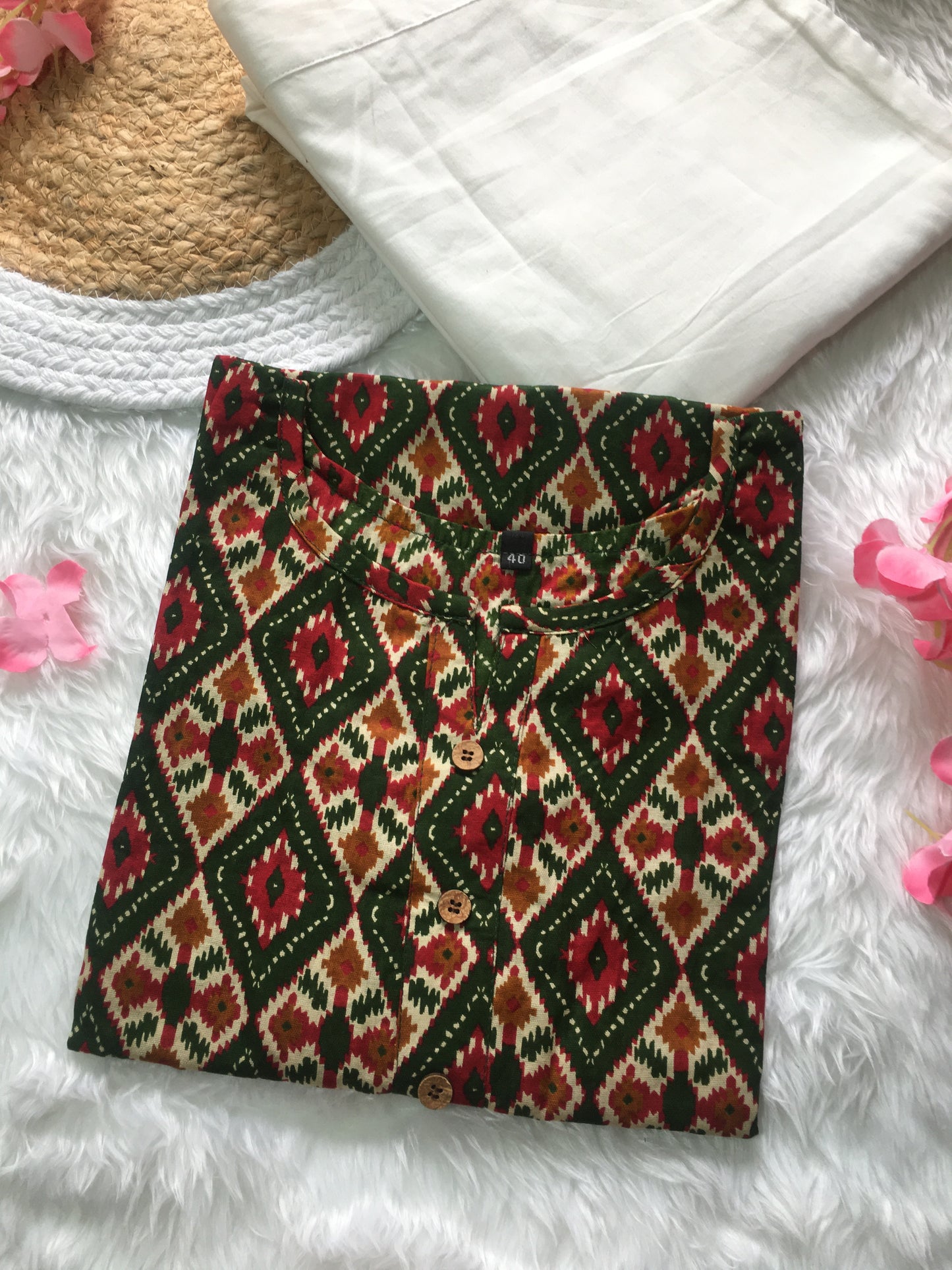 4 tone Print - Green - Cord Set - White Pant - Pure Cotton