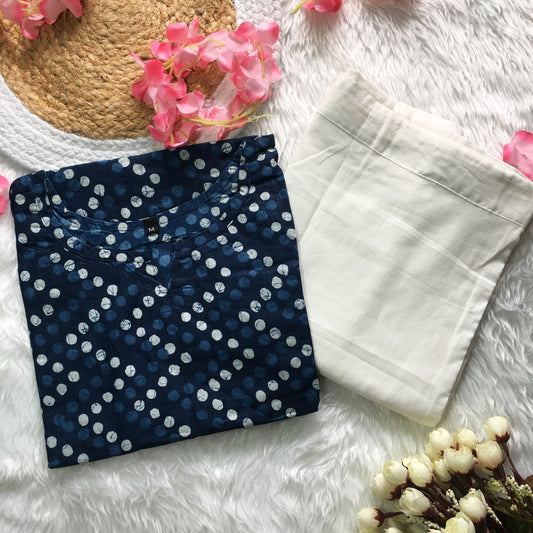 Blue Polka - Cord Set - White Pant  - Pure Cotton