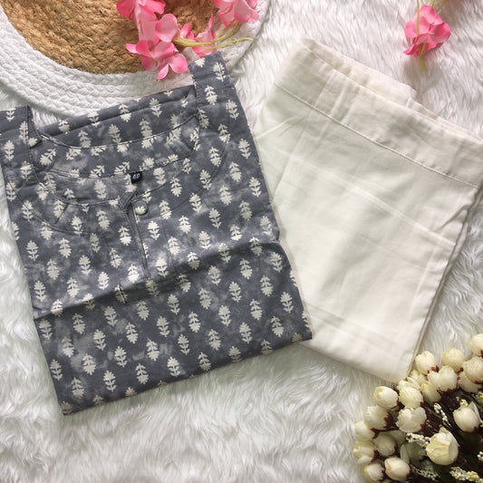 Grey White Leaf Design - Knee Length Kurti with White Pant   - Pure Cotton