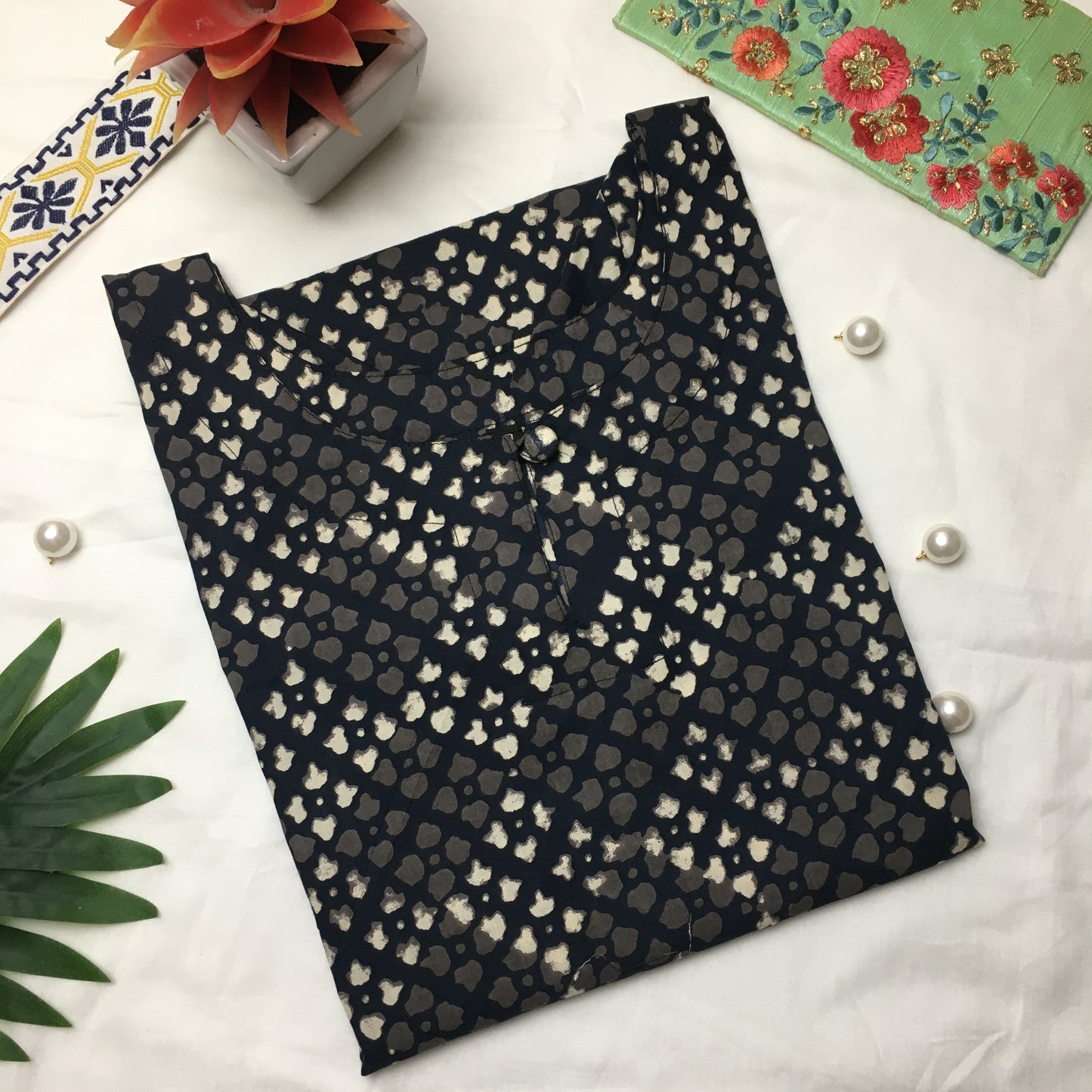 Knee Length Kurti - Pure Cotton - Blue white Dots