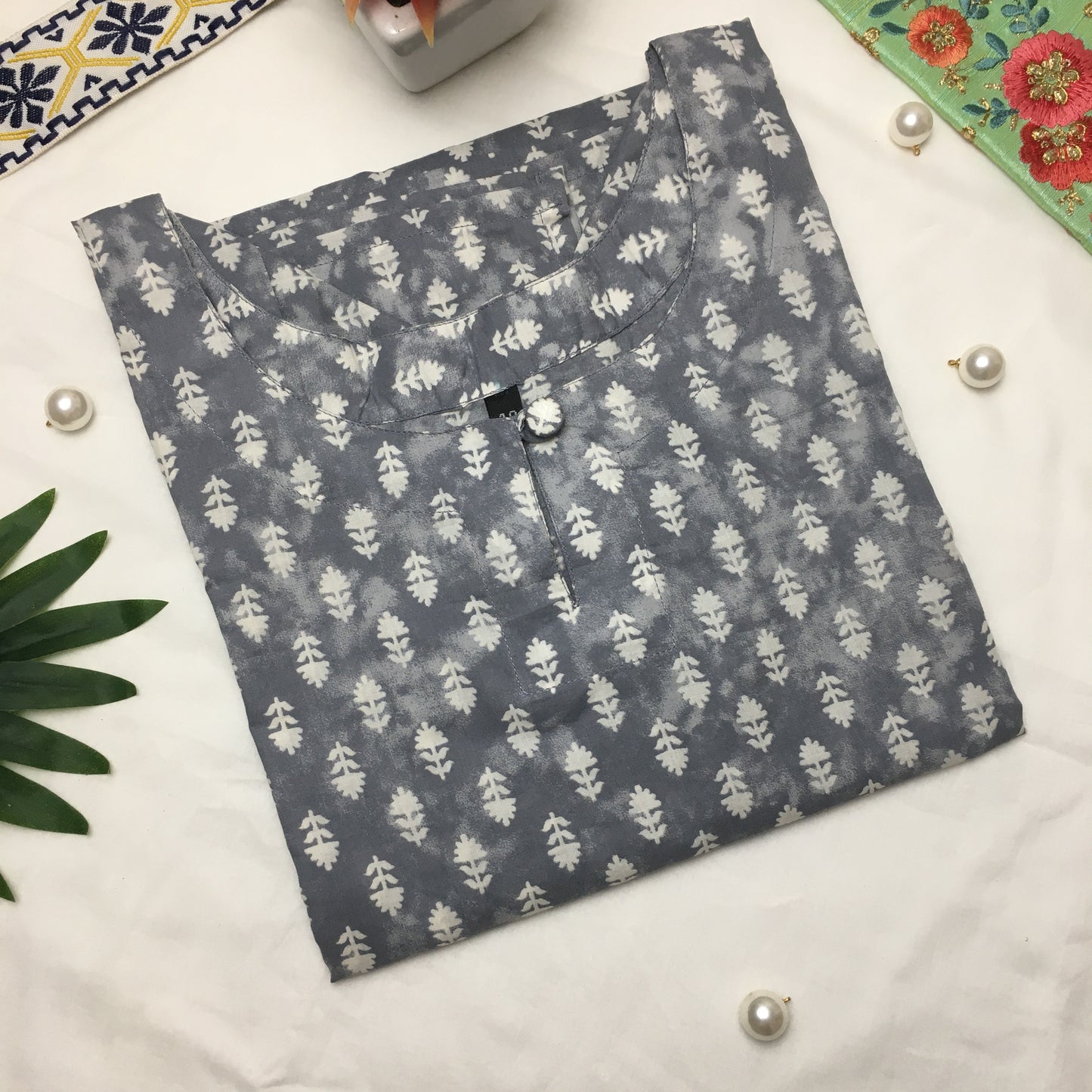 White Leaf Design - Knee Length Kurti - Pure Cotton - Grey