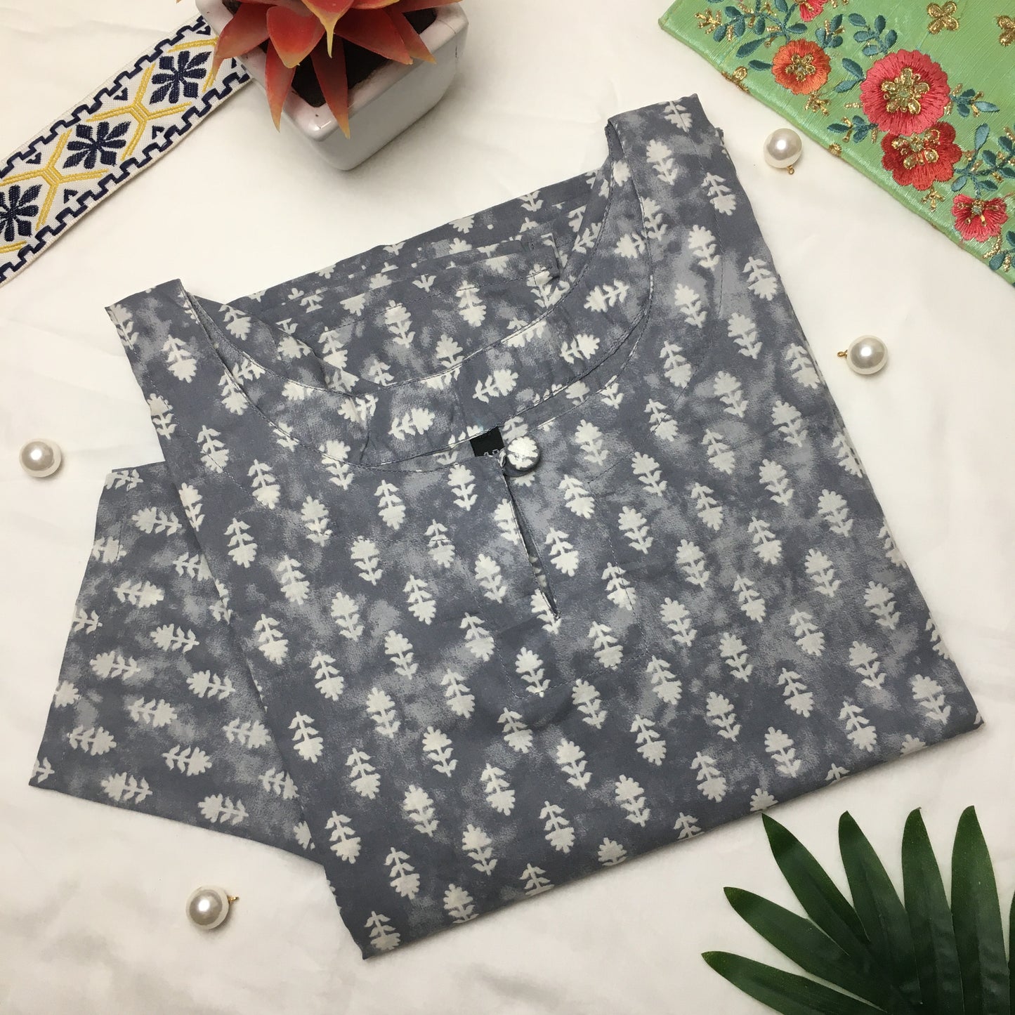 White Leaf Design - Knee Length Kurti - Pure Cotton - Grey
