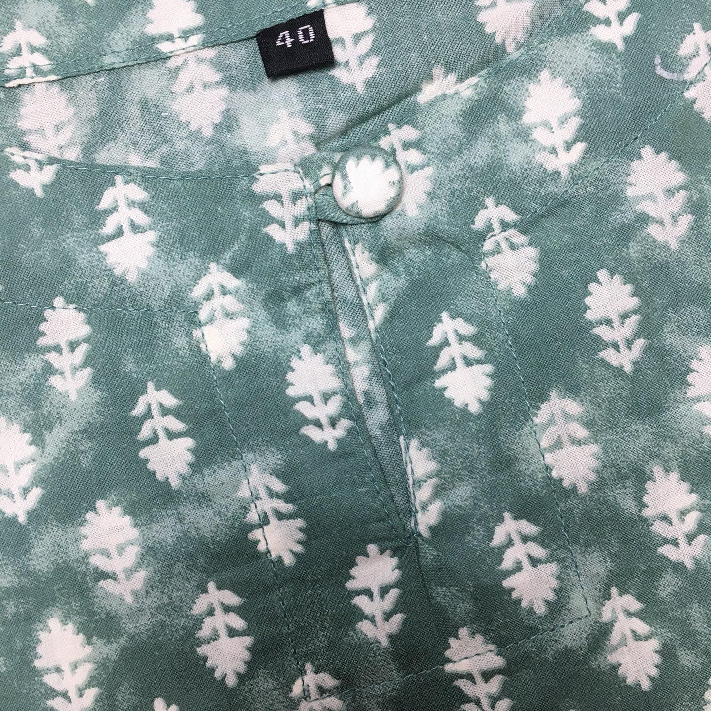 White Leaf Design - Knee Length Kurti - Pure Cotton - Green Colour