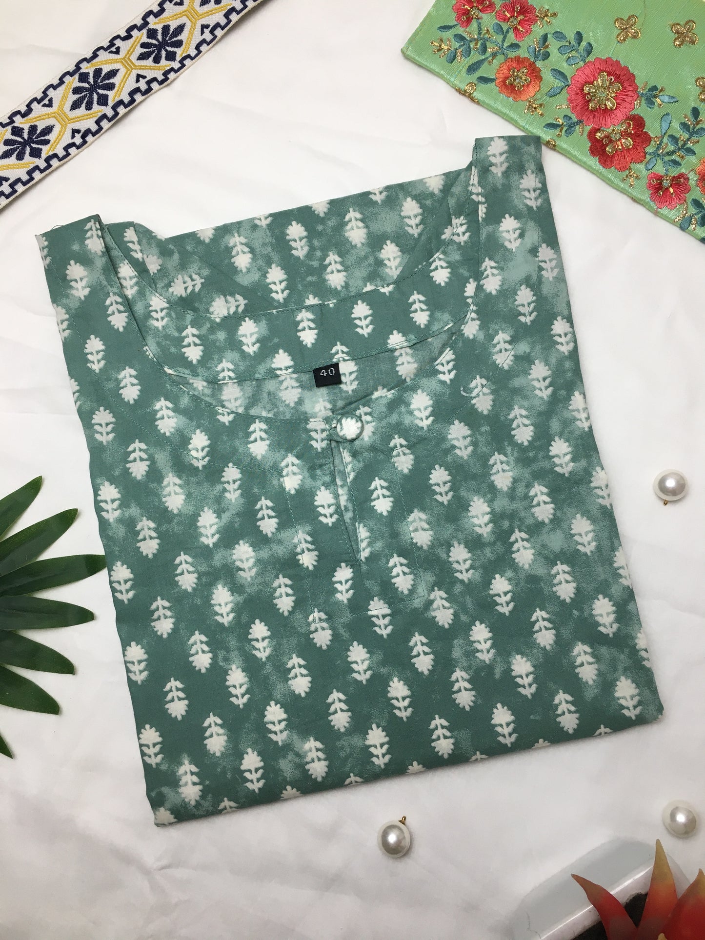 White Leaf Design - Knee Length Kurti - Pure Cotton - Green Colour