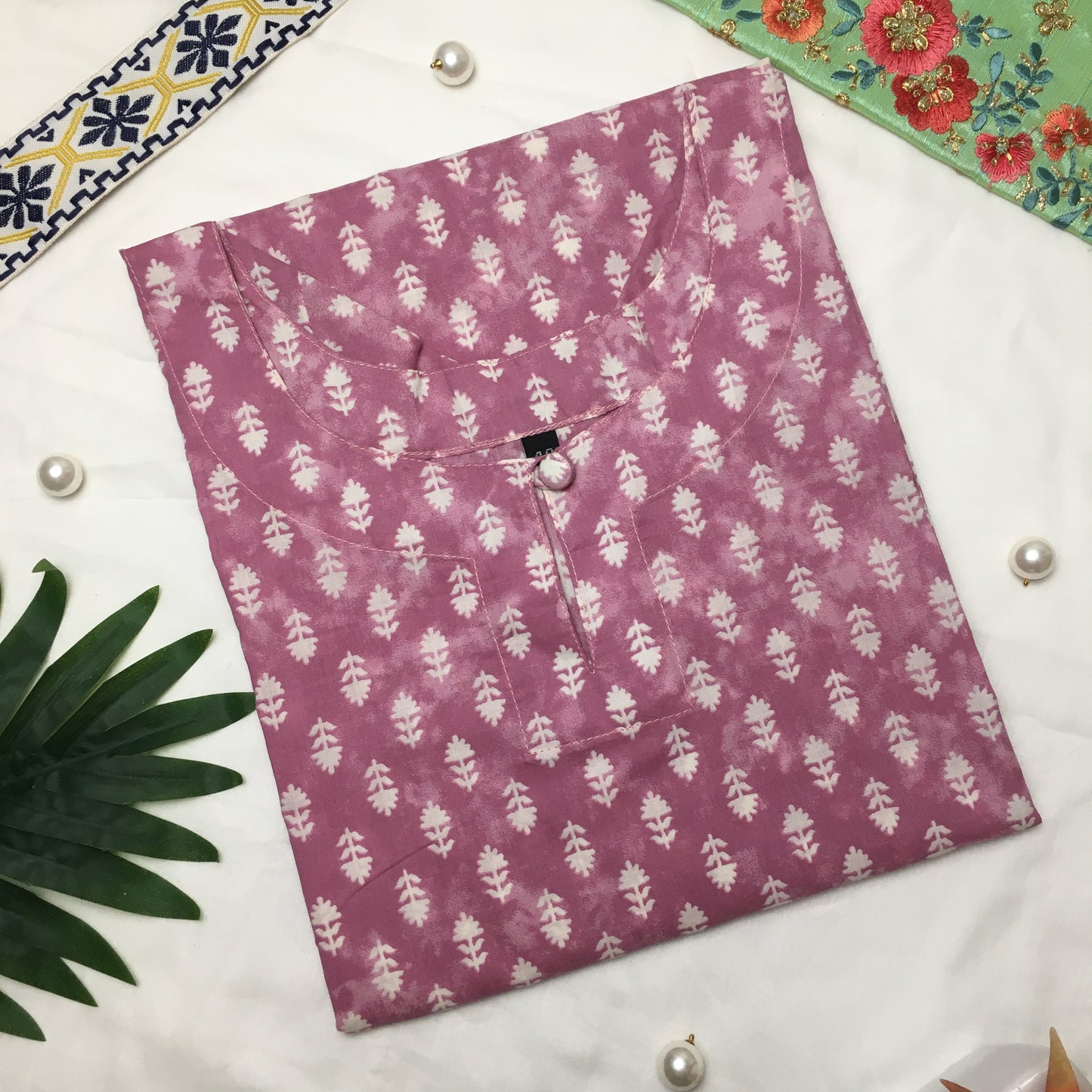 White Leaf Design - Knee Length - Pure Cotton - Purple