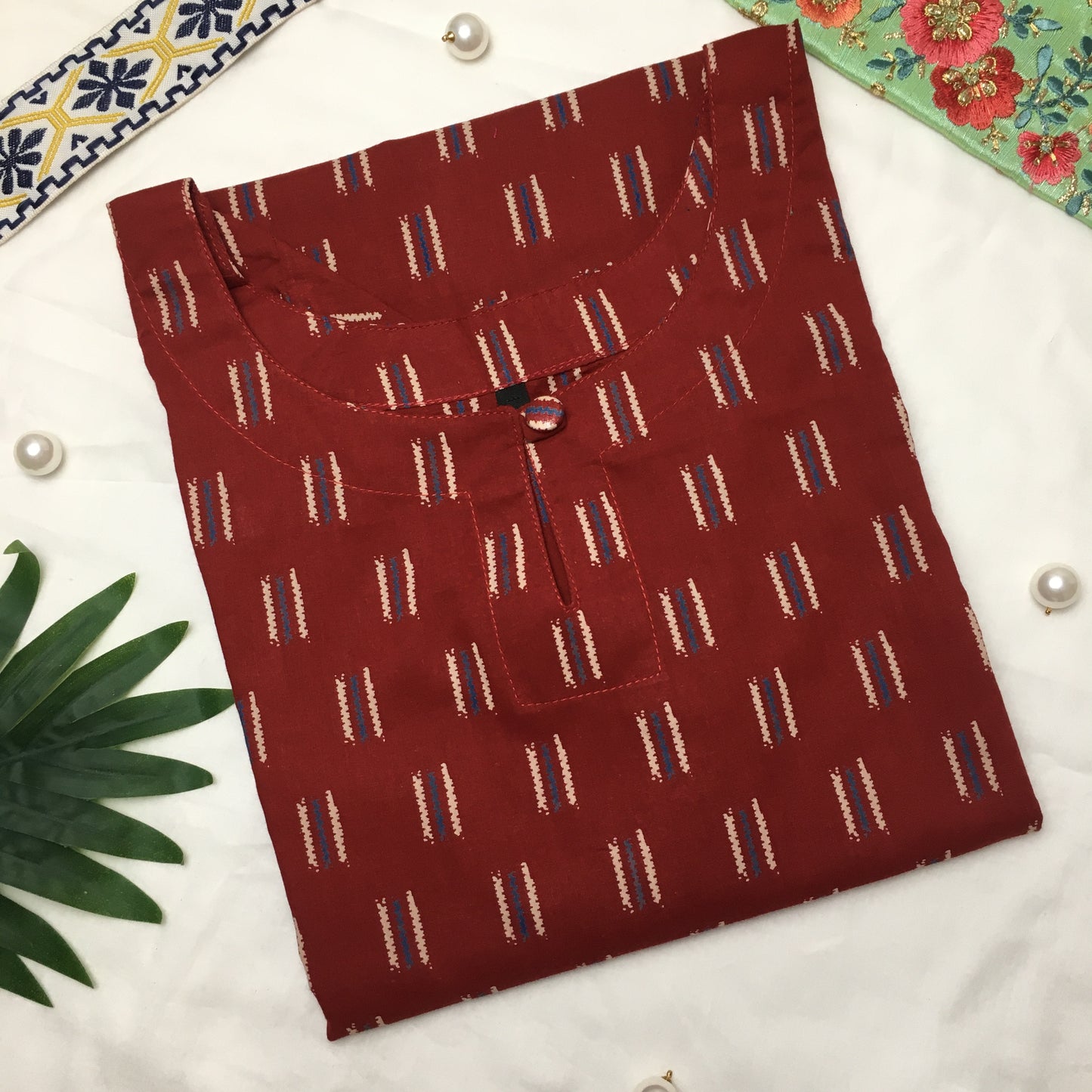 Knee Length Kurti - Pure Cotton - Red White Lines