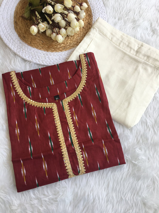 Maroon Ikkat Golden Lace - Knee Length - Cord Set - White Pant  - Pure Cotton